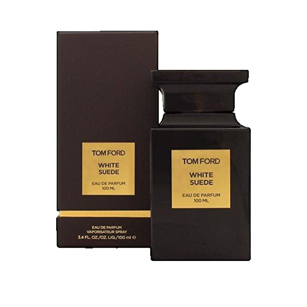 Schwarzer Flakon und Verpackung von Tom Ford White Suede Parfum. Goldfarbene Etiketten mit Produktnamen. 100 ml.