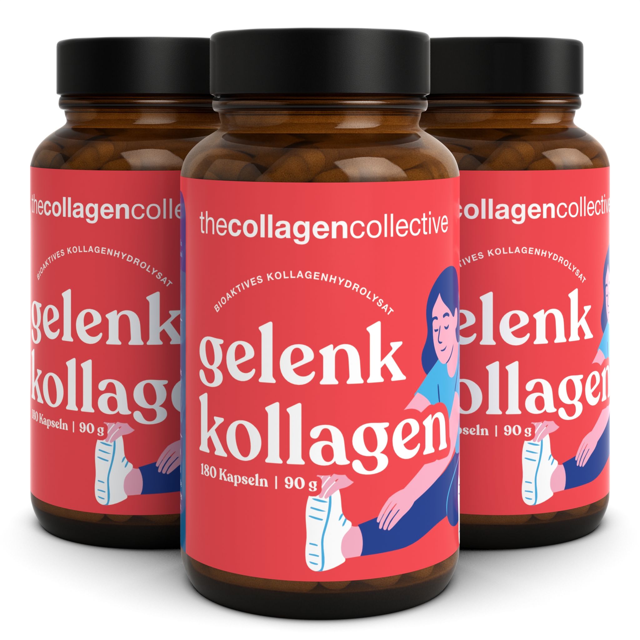 Drei Flaschen Gelenk Kollagen Kapseln. Rote Etiketten mit weißer Schrift. Schwarze Deckel. Aufschrift: thecollagencollective.