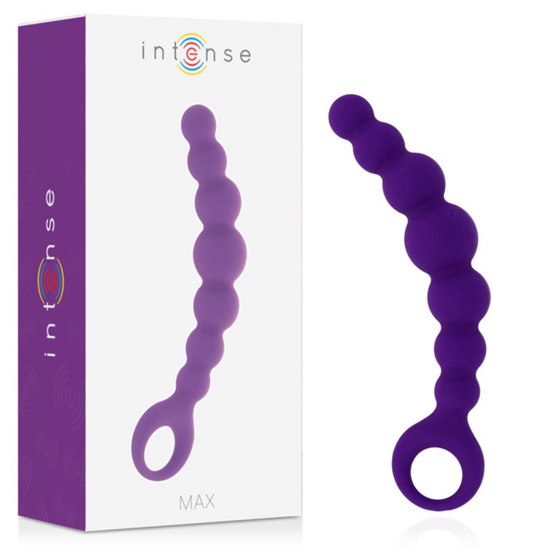 Lila Produkt mit kugelförmigen Elementen und Ring. Verpackung mit Logo und Schriftzug 'Intense MAX'.