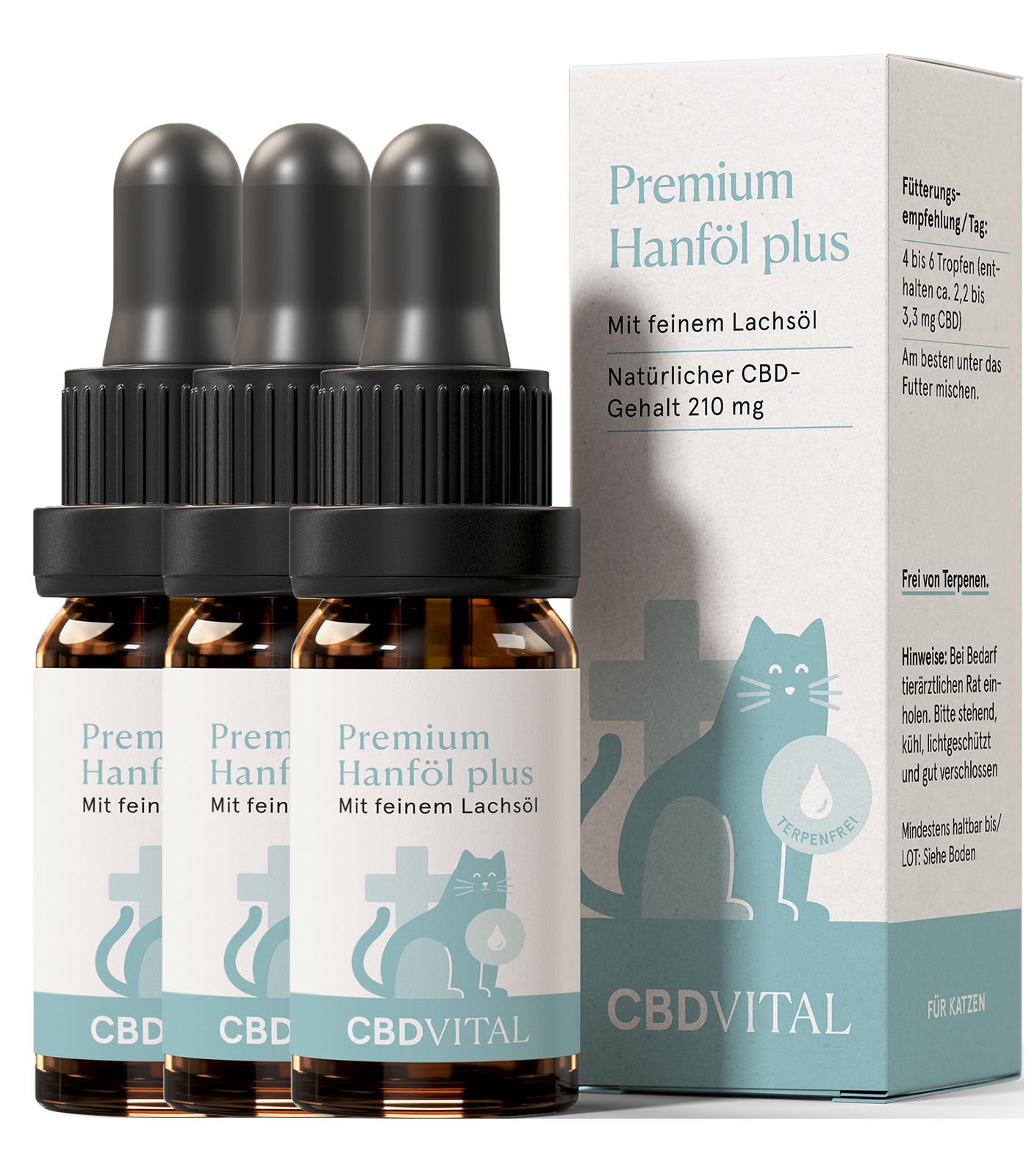 CBD VITAL Hanföl für Katzen: Drei Flaschen mit Pipette und eine Faltschachtel. 2,1 % CBD.