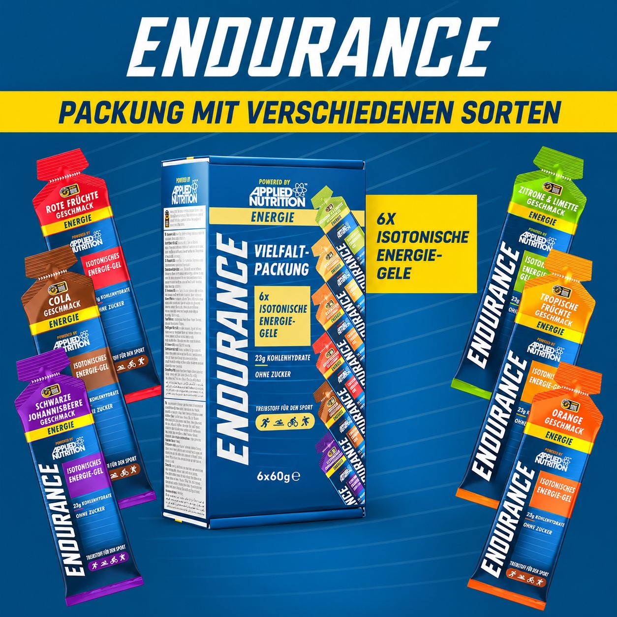 Verpackung mit verschiedenen Sorten isotonischer Energie-Gels.