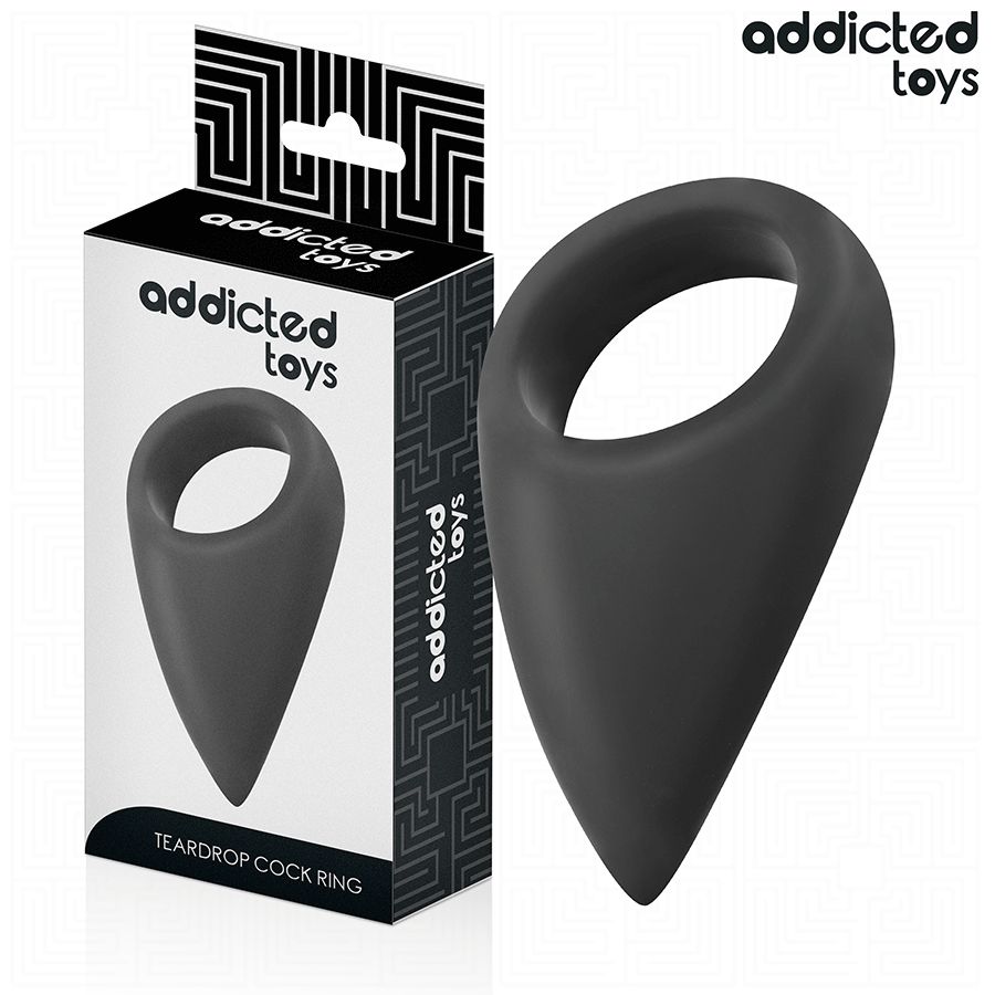 Schwarzer, tropfenförmiger Penisring mit rundem Loch. Verpackung mit Logo "addicted toys".