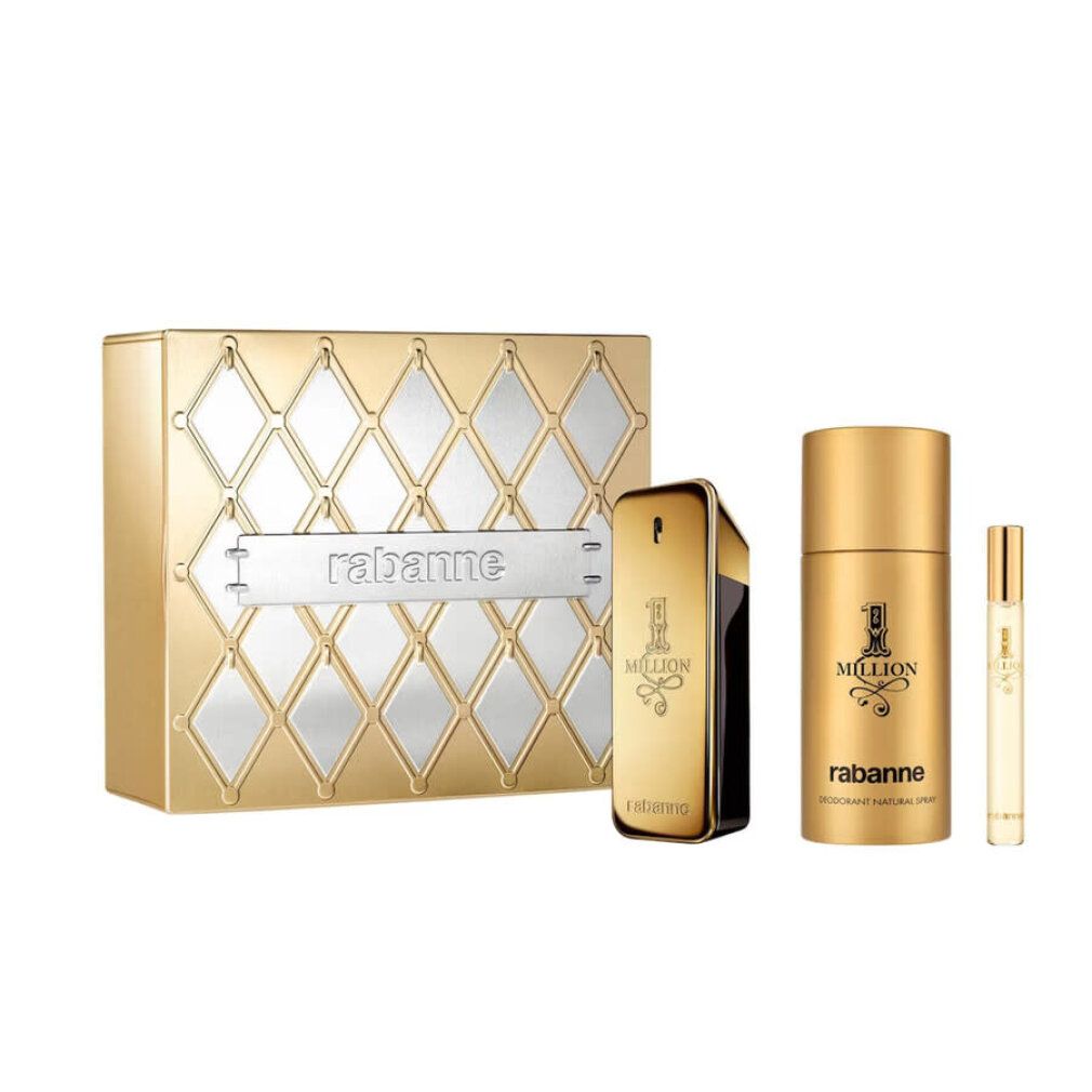 Goldenes Rabanne 1 Million Geschenkset mit Rautenmuster-Box: Eau de Toilette, Deodorant und Reiseflakon.