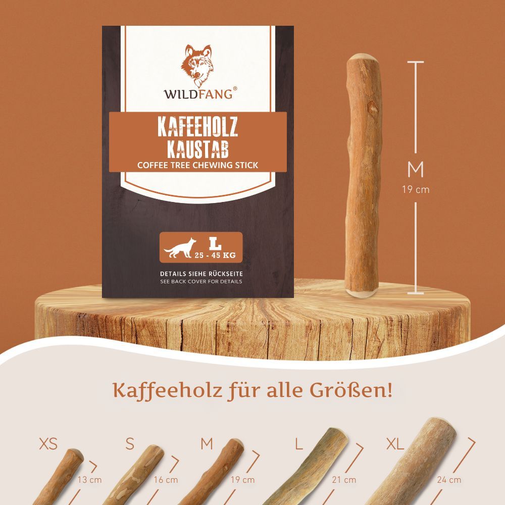 Kaffeeholz-Kaustab, braun, zylindrisch. Größen XS bis XL. Verpackung mit Produktname und Logo. Größe M, 19 cm.