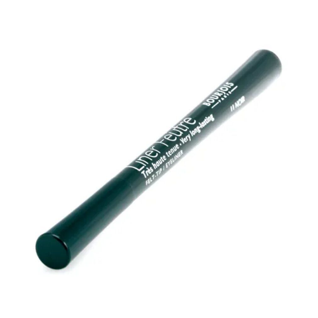 Schwarzer Bourjois Liner Feutre Eyeliner. Grünliche Hülse, schwarze Spitze. Text: Liner Feutre, Très haute tenue, Very long-lasting, #11 Noir.