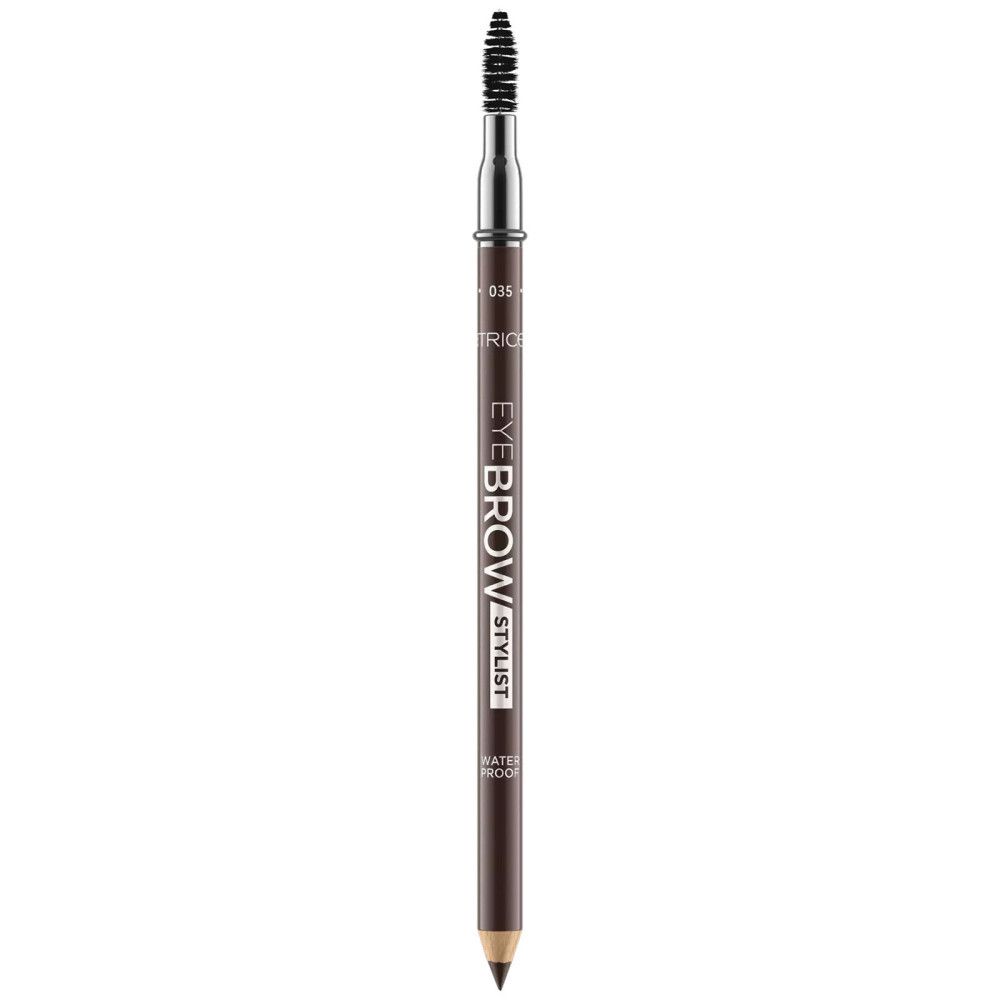 Brauenstift mit Bürste. Aufschrift: EYE BROW STYLIST, WATER PROOF. Dunkelbraune Farbe.
