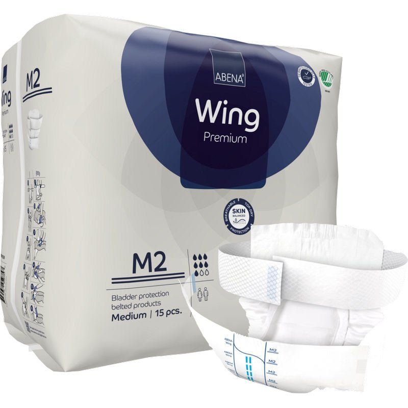 Abena Wing Premium M2 Inkontinenz-Pants, Medium, 15 Stück. Weiß mit blauen Akzenten.