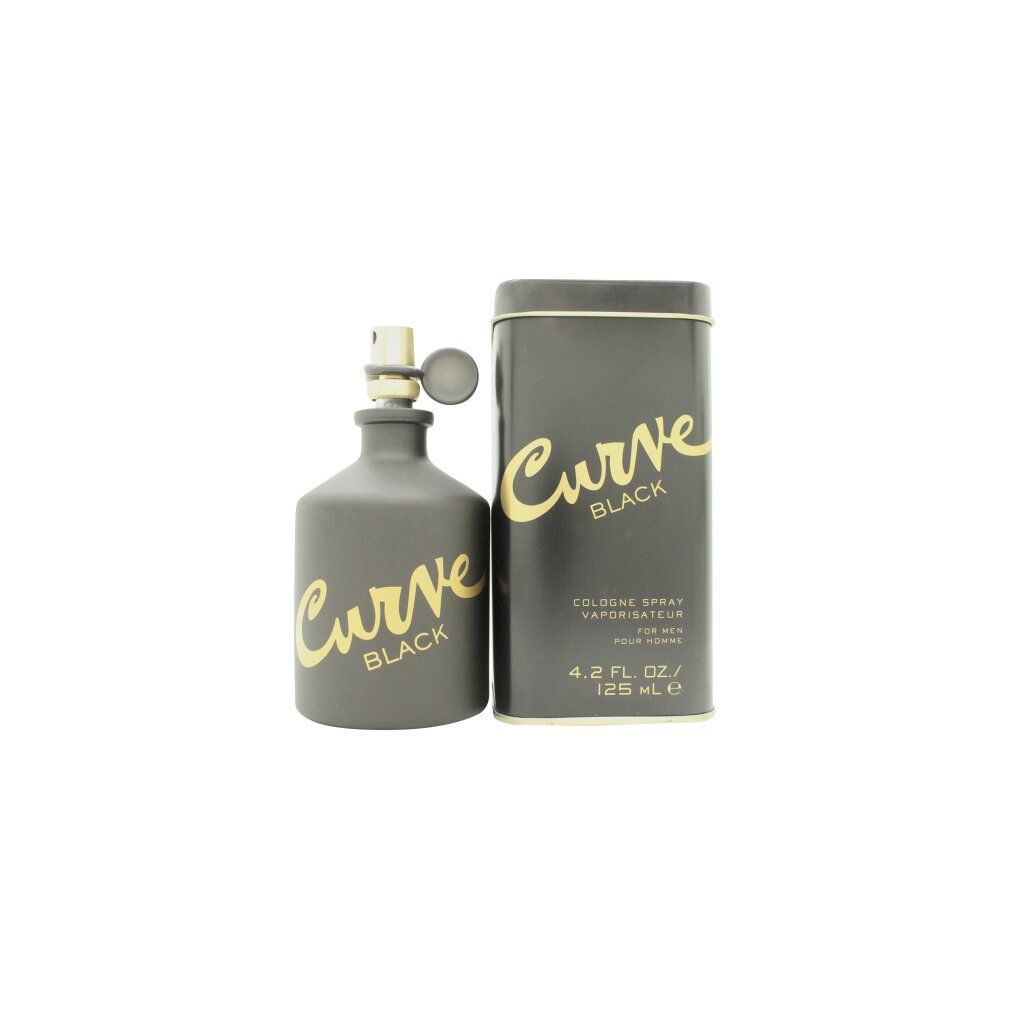 Graue Flasche und Dose mit goldfarbenem "Curve Black"-Schriftzug. Dose mit "Cologne Spray"-Angabe. 4.2 FL. OZ. / 125 mL.