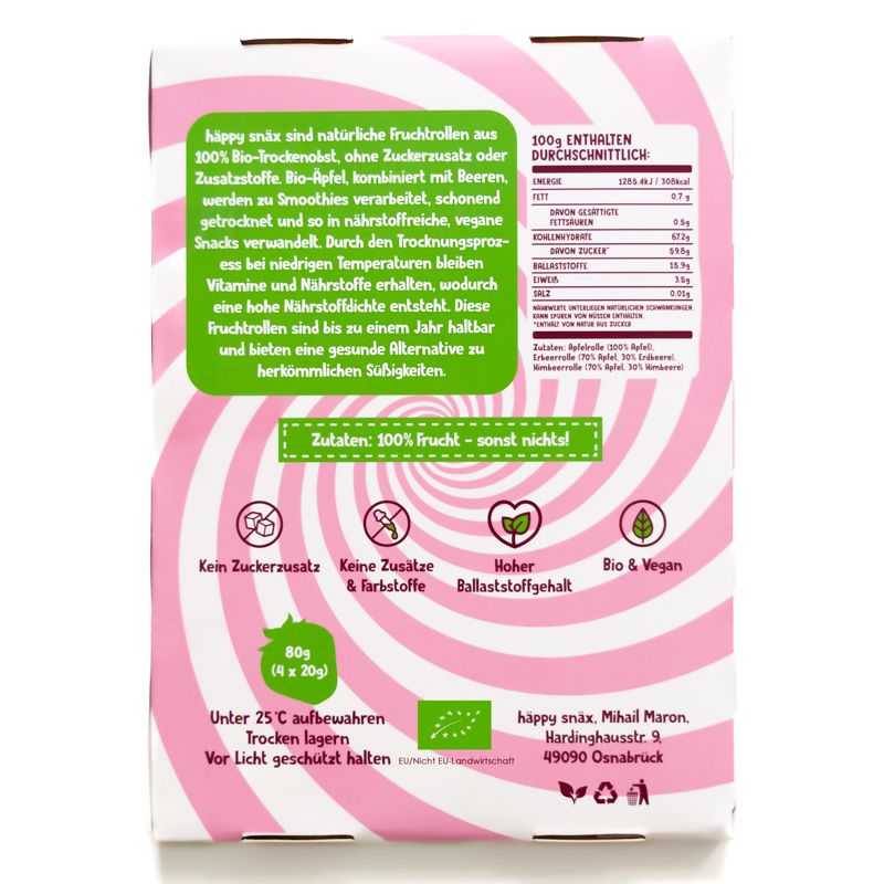 Rückseite der BIO Fruchtrollen-Verpackung. Enthält Informationen zu Inhaltsstoffen, Nährwerten und Zertifizierungen.