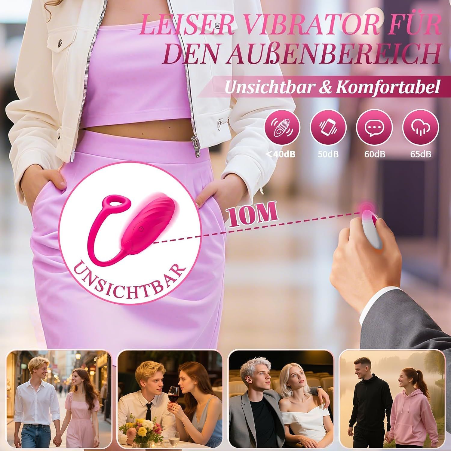 Pinker Vibrator, diskret und leise für den Außenbereich, 10m Reichweite.