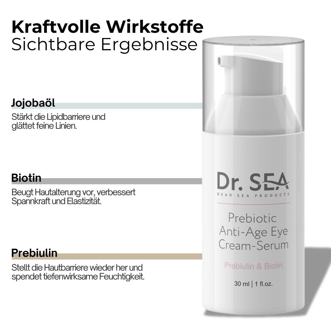 Weiße Flasche mit Dr. SEA, Anti-Aging Augencreme-Serum. Präbiotika & Biotin. Auf weißem Hintergrund.