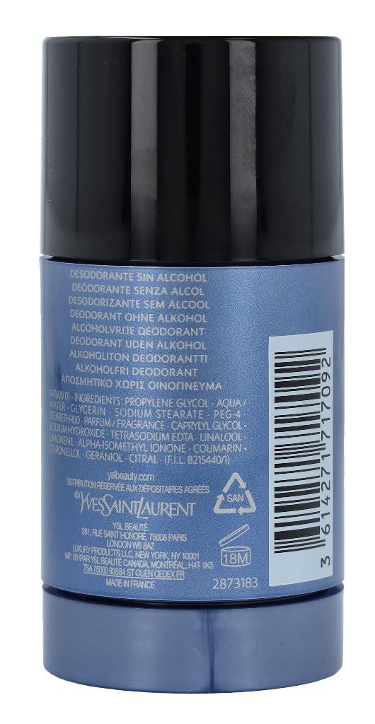 Rückseite des Deodorant-Sticks. Blaue Verpackung mit Text und Barcode. Inhaltsstoffe und Herstellerangaben.