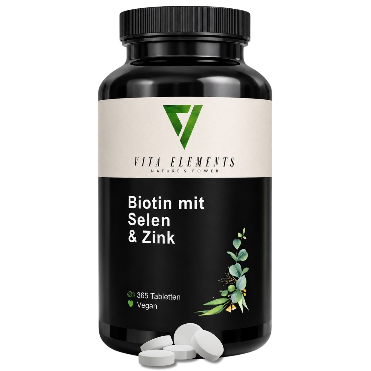 Vita Elements Biotin mit Selen & Zink Flasche mit 365 veganen Tabletten.