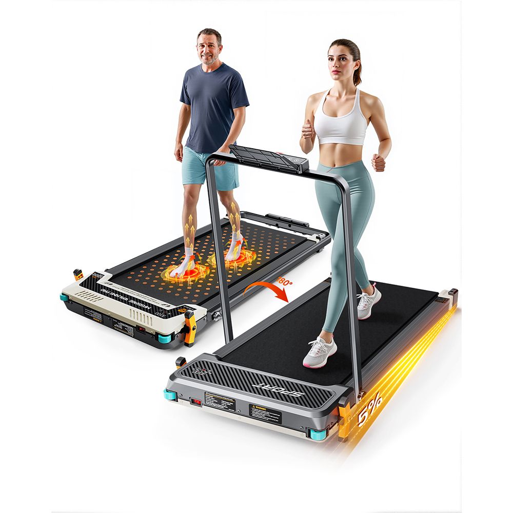 Zwei Laufbänder. Personen trainieren auf den Geräten. Auf einem ist eine Massagefunktion dargestellt. Auf dem anderen ist ein Display zu sehen.