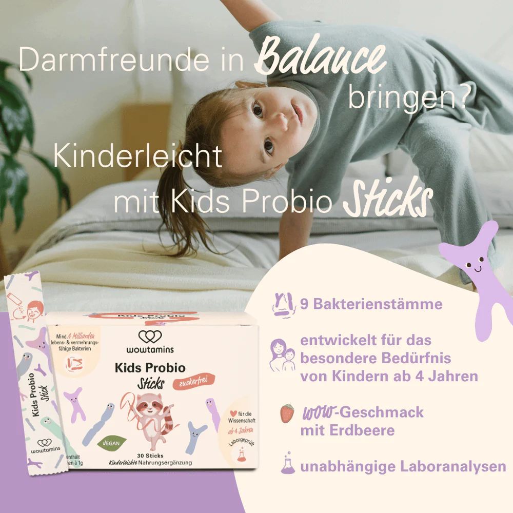 Packung Kids Probio Sticks, 20 Sticks. Enthält 9 Bakterienstämme. Für Kinder ab 4 Jahren. Erdbeergeschmack. Laborgeprüft.