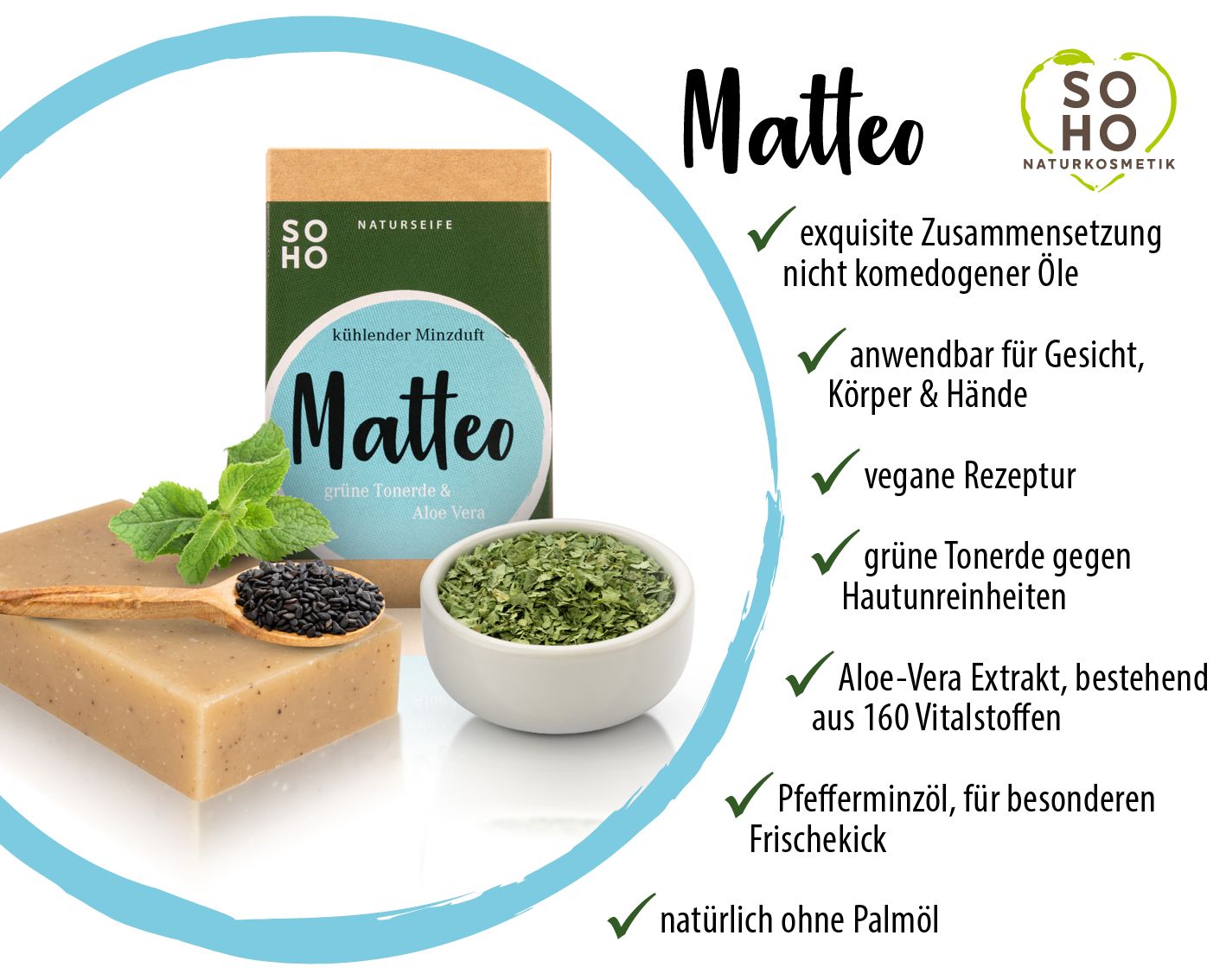 Seife mit Verpackung, Minzblätter, Löffel mit Samen. Text: 'Matteo', 'SOHO Naturkosmetik'.