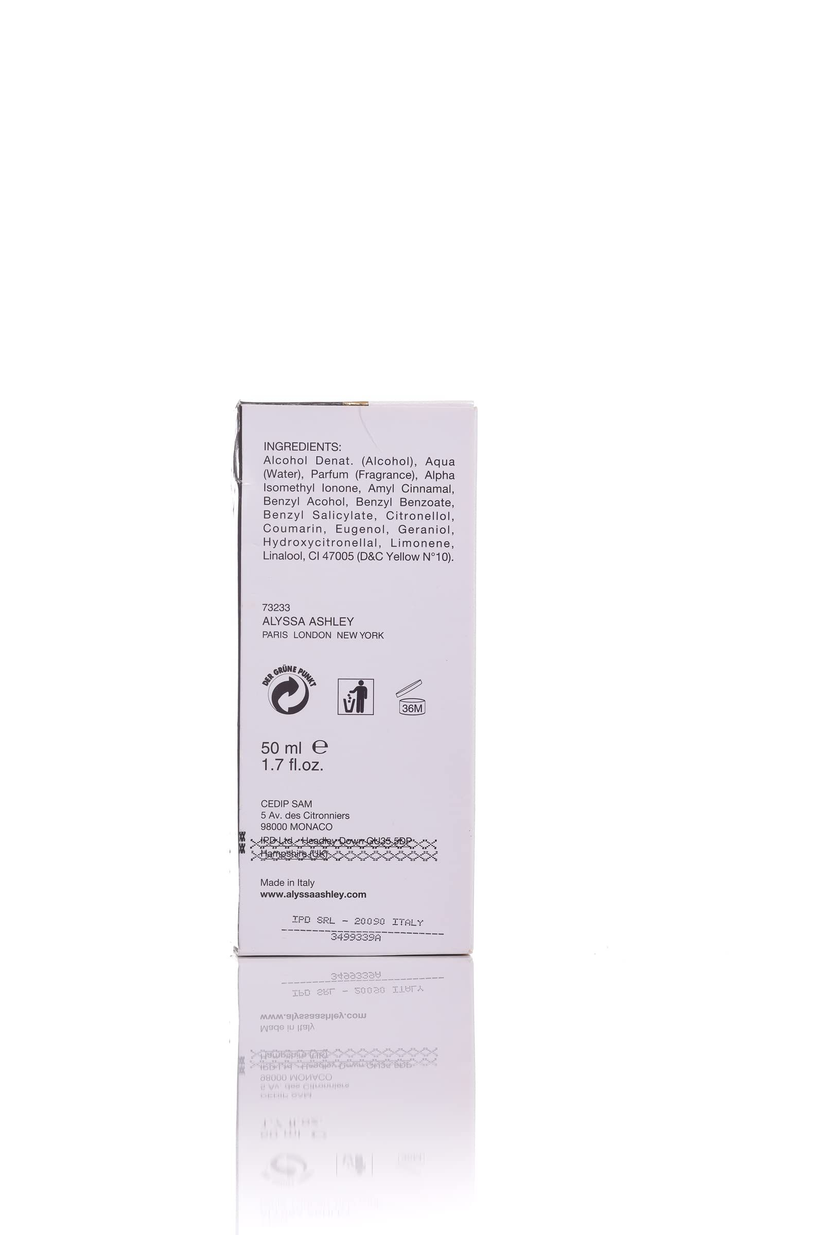 Rückseite der Verpackung. Inhaltsstoffe, Herstellerinformationen, 50 ml, 1.7 fl.oz. Alyssa Ashley.