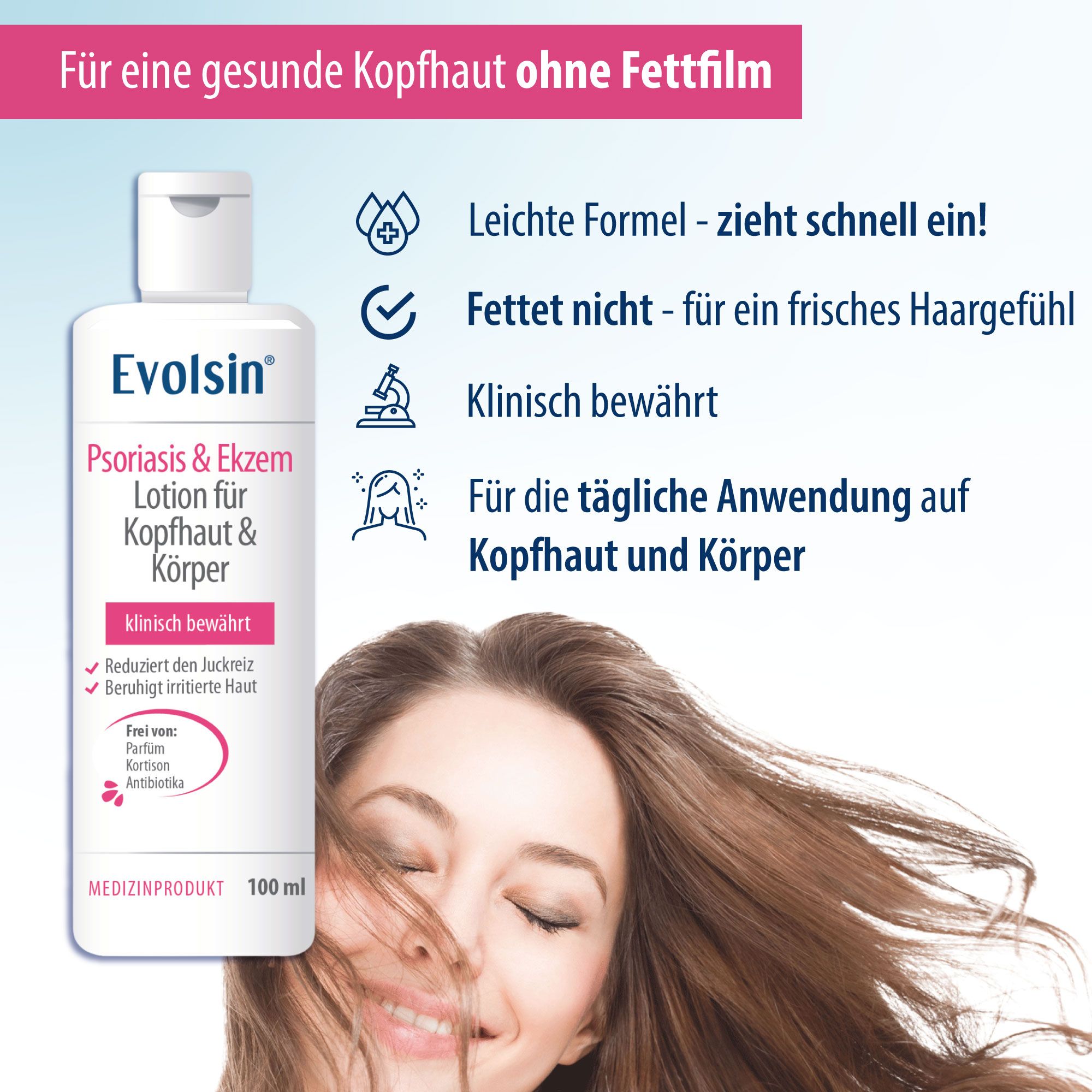 Weiße Flasche mit Lotion, Produktname und Text. Text: Leichte Formel, zieht schnell ein, fettet nicht, klinisch bewährt. Für Kopfhaut und Körper.