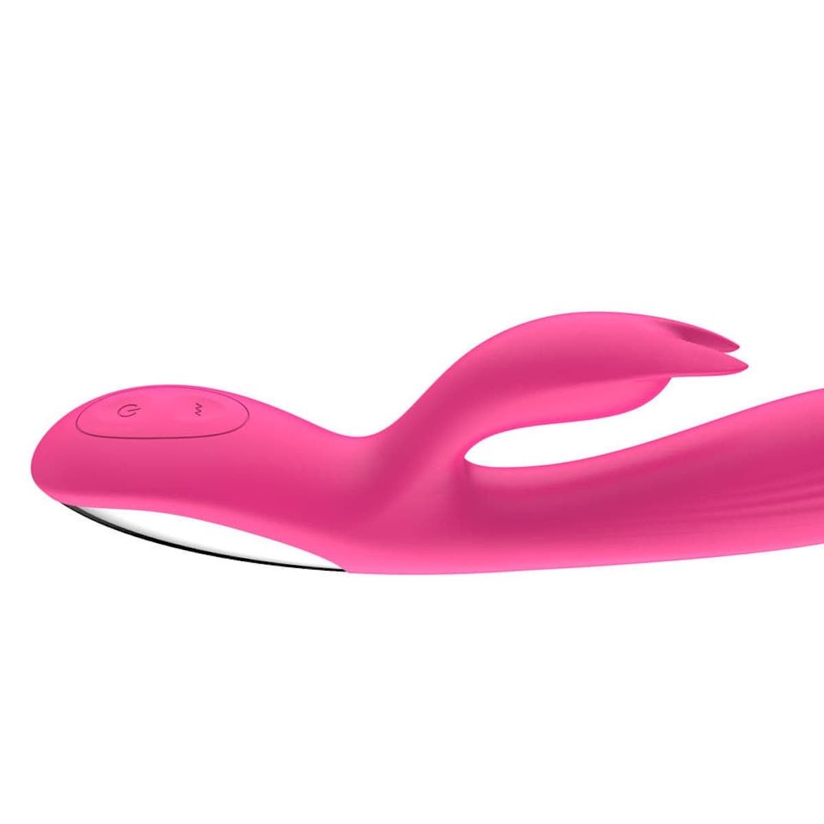 Rosa Vibrator mit Kaninchenohren-Design. Mit Bedienknöpfen und geriffelter Oberfläche.