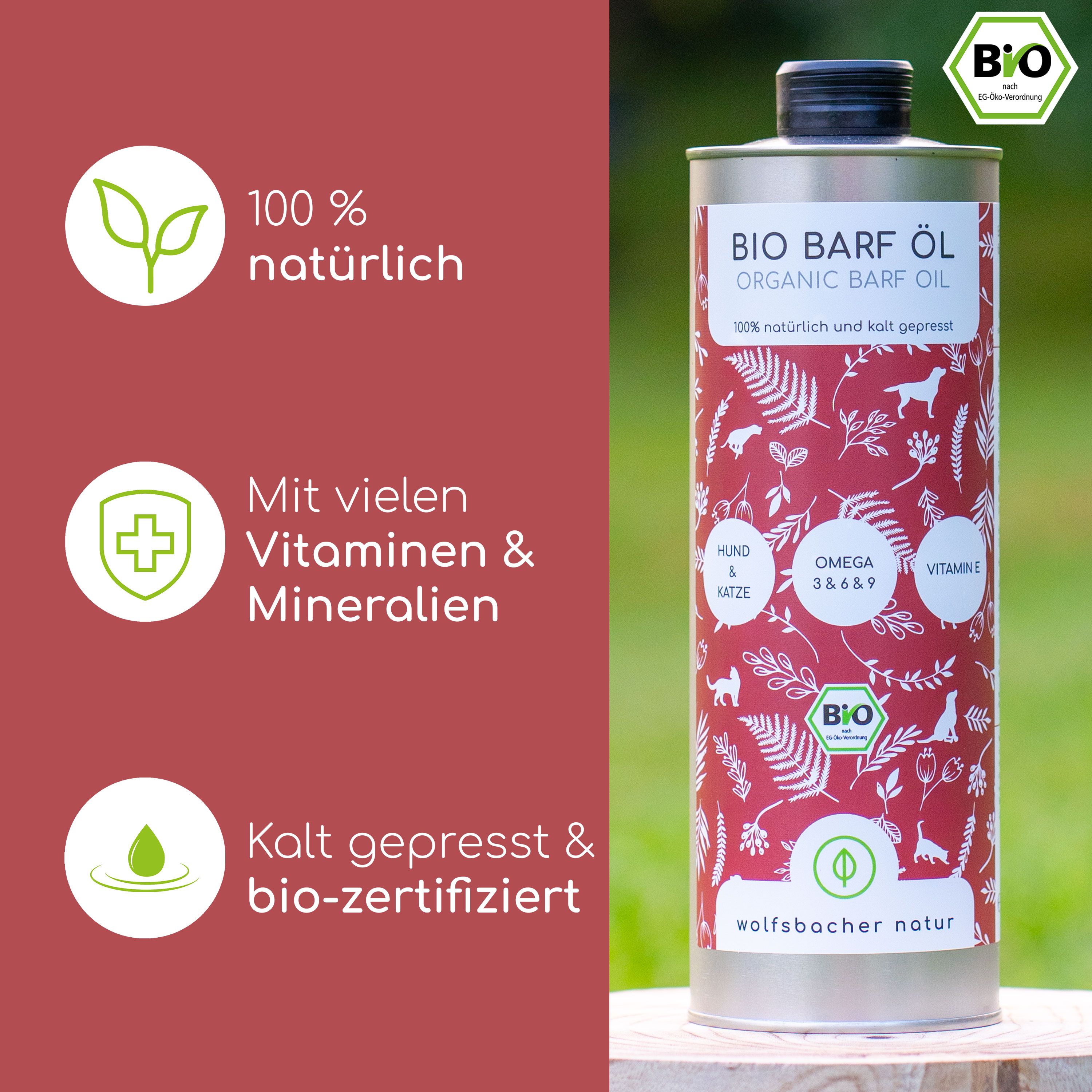 Bio Barf Öl Flasche mit Aufschrift: 100% natürlich, Vitamine & Mineralien, kalt gepresst & bio-zertifiziert. Hintergrund rot.