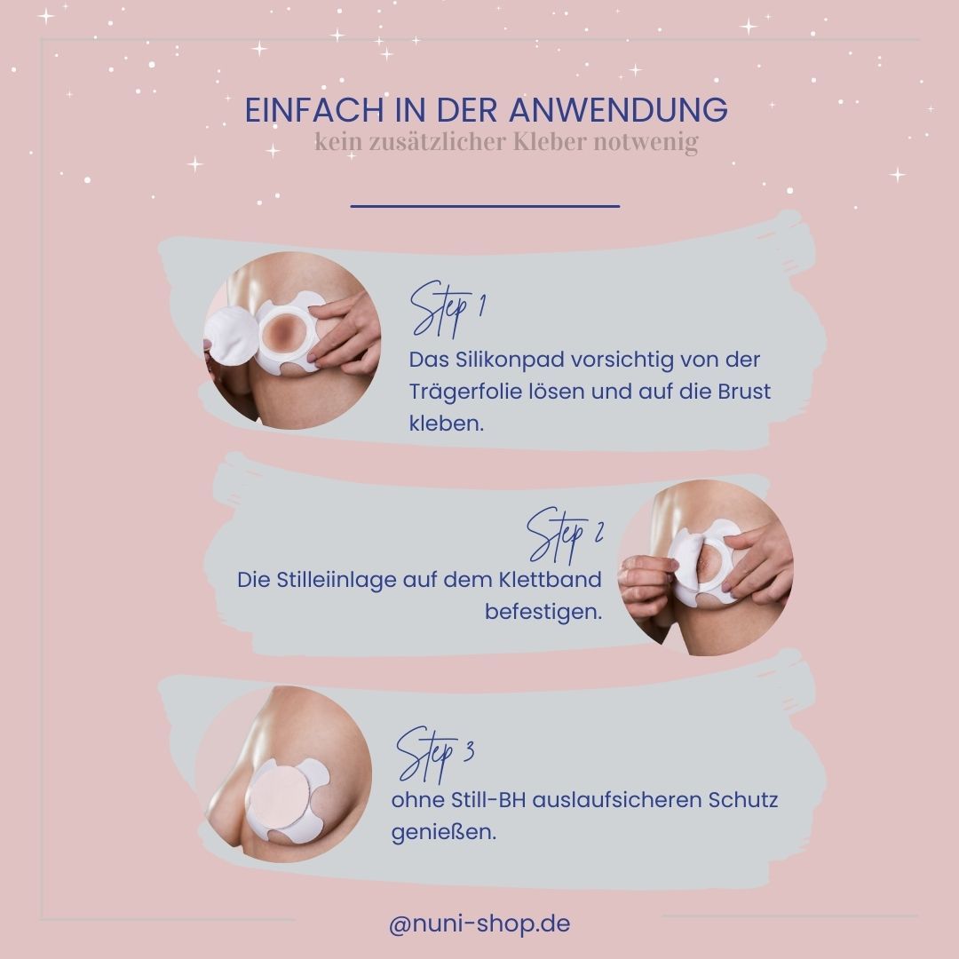 Infografik mit drei Schritten zur Anwendung von Stillpads. Text: Einfache Anwendung, kein zusätzlicher Kleber notwendig.