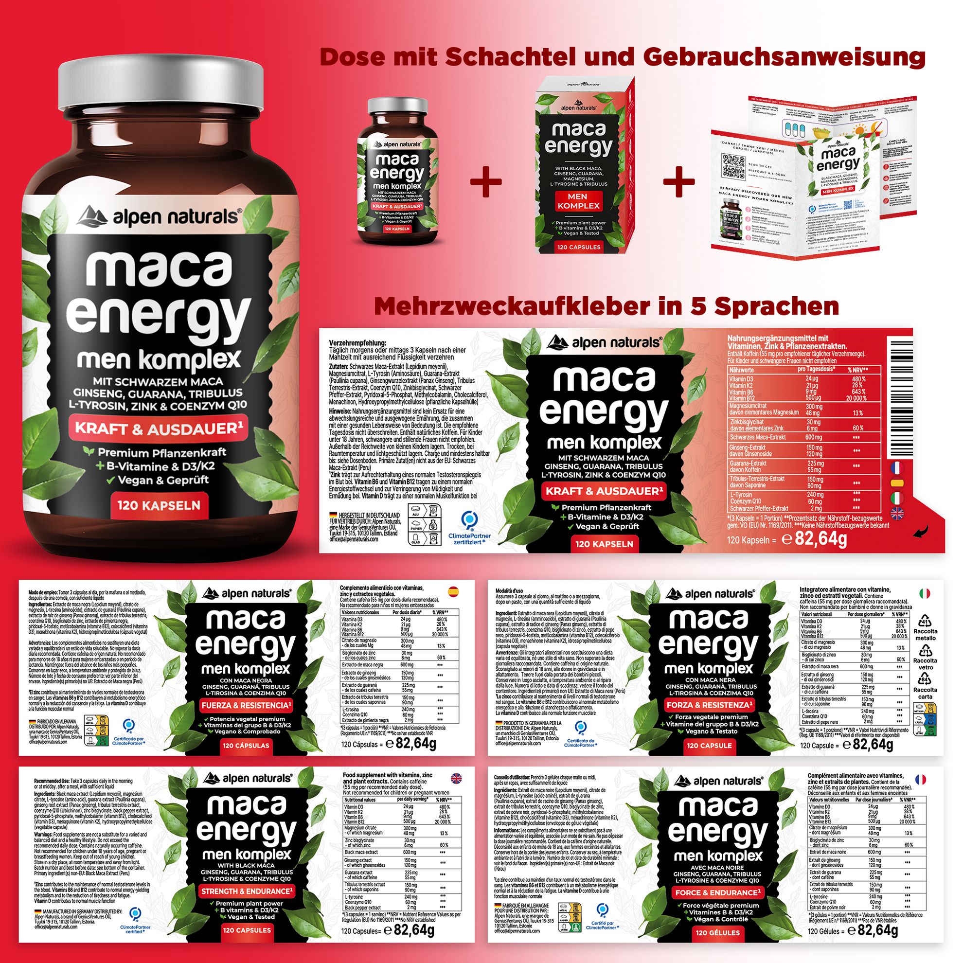 Produktflasche, Schachtel, Etiketten. Aufschrift: Maca Energy Men Komplex. Mehrzweckaufkleber in 5 Sprachen. 120 Kapseln.