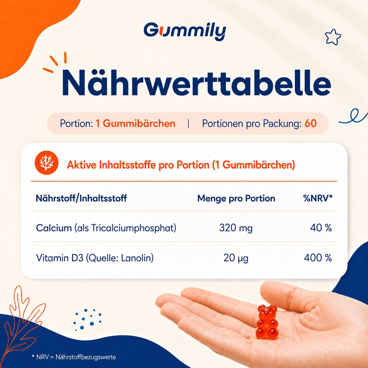 Gummily Flasche mit Kalzium & Vitamin D3, umgeben von Orangen. Fruchtiger Orangengeschmack.