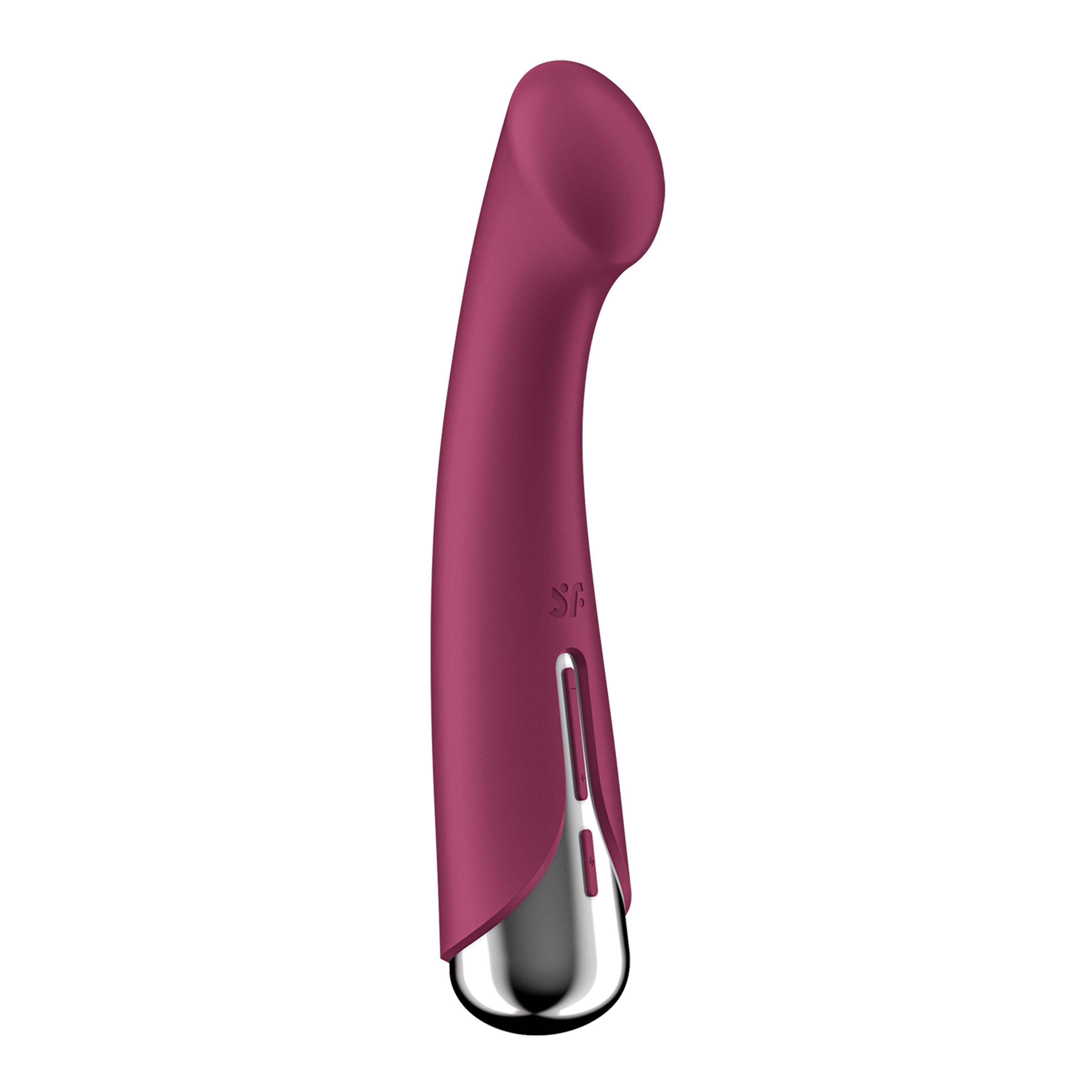 Bordeauxfarbener Vibrator mit silberfarbenem Kopf. Gebogene Form. SF-Logo.