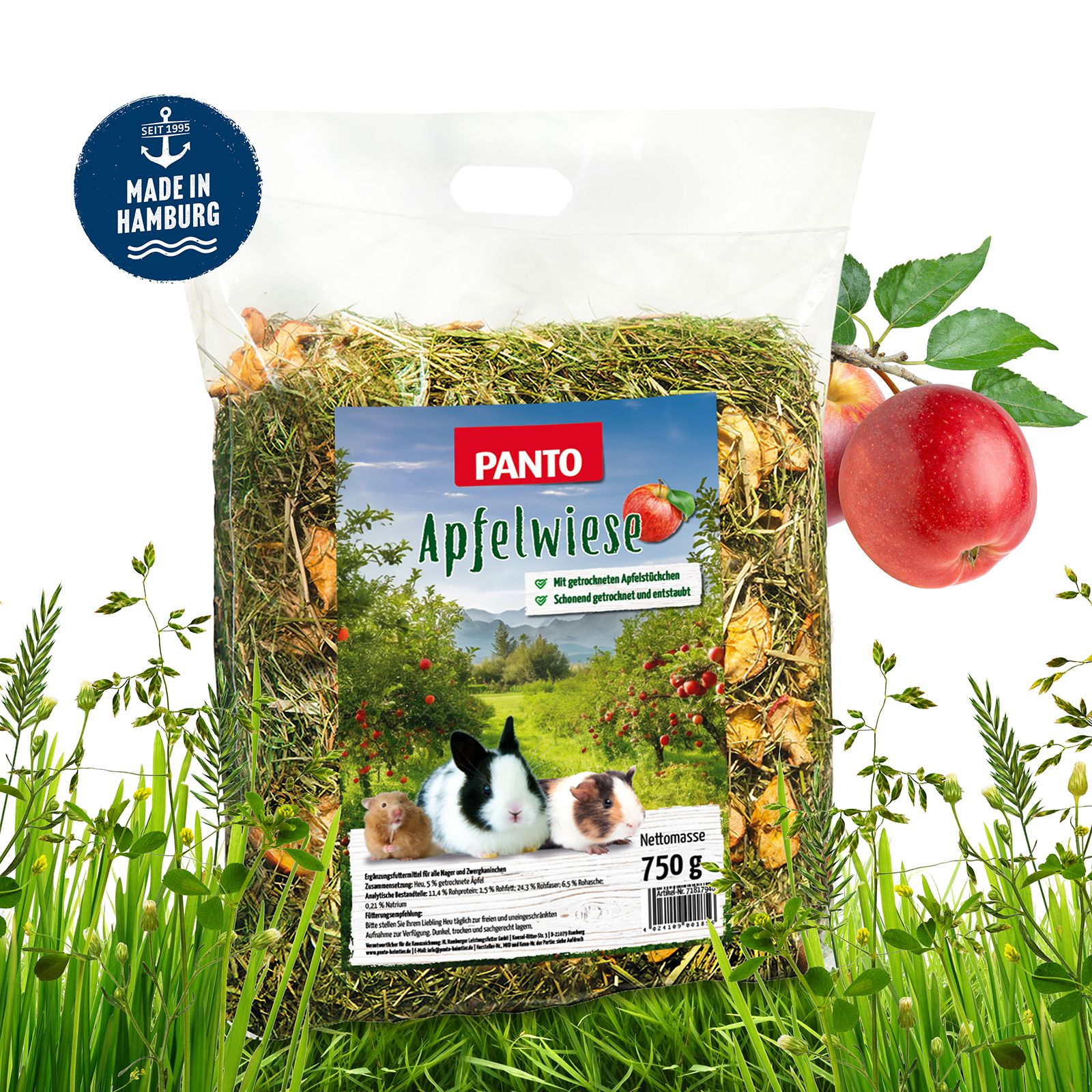 Transparente Tüte mit PANTO Apfelwiese. Logo und Apfelabbildung. 750g Nettomasse. Made in Hamburg. Grüne Wiese mit Äpfeln.