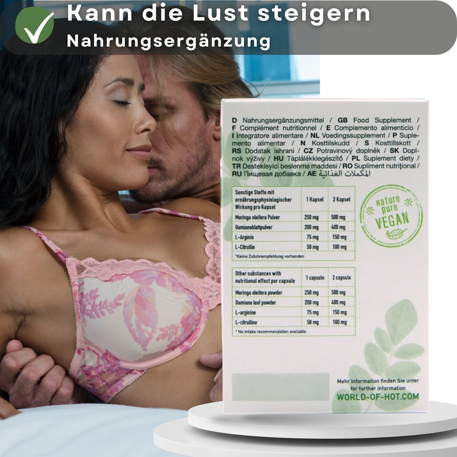 Ein Paar umarmt sich, neben der Rückseite der Schachtel mit Informationen zu Moringa Libido Power. Text in mehreren Sprachen.