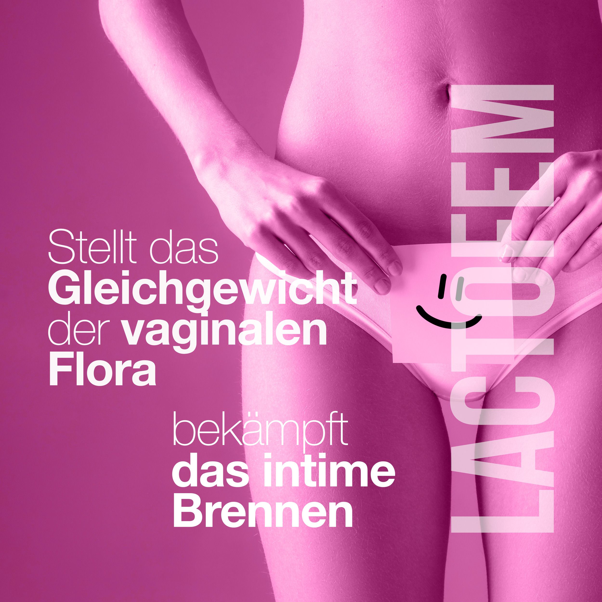 Frau mit Unterwäsche. Text: LACTOFEM, stellt das Gleichgewicht der vaginalen Flora wieder her, bekämpft intimes Brennen.