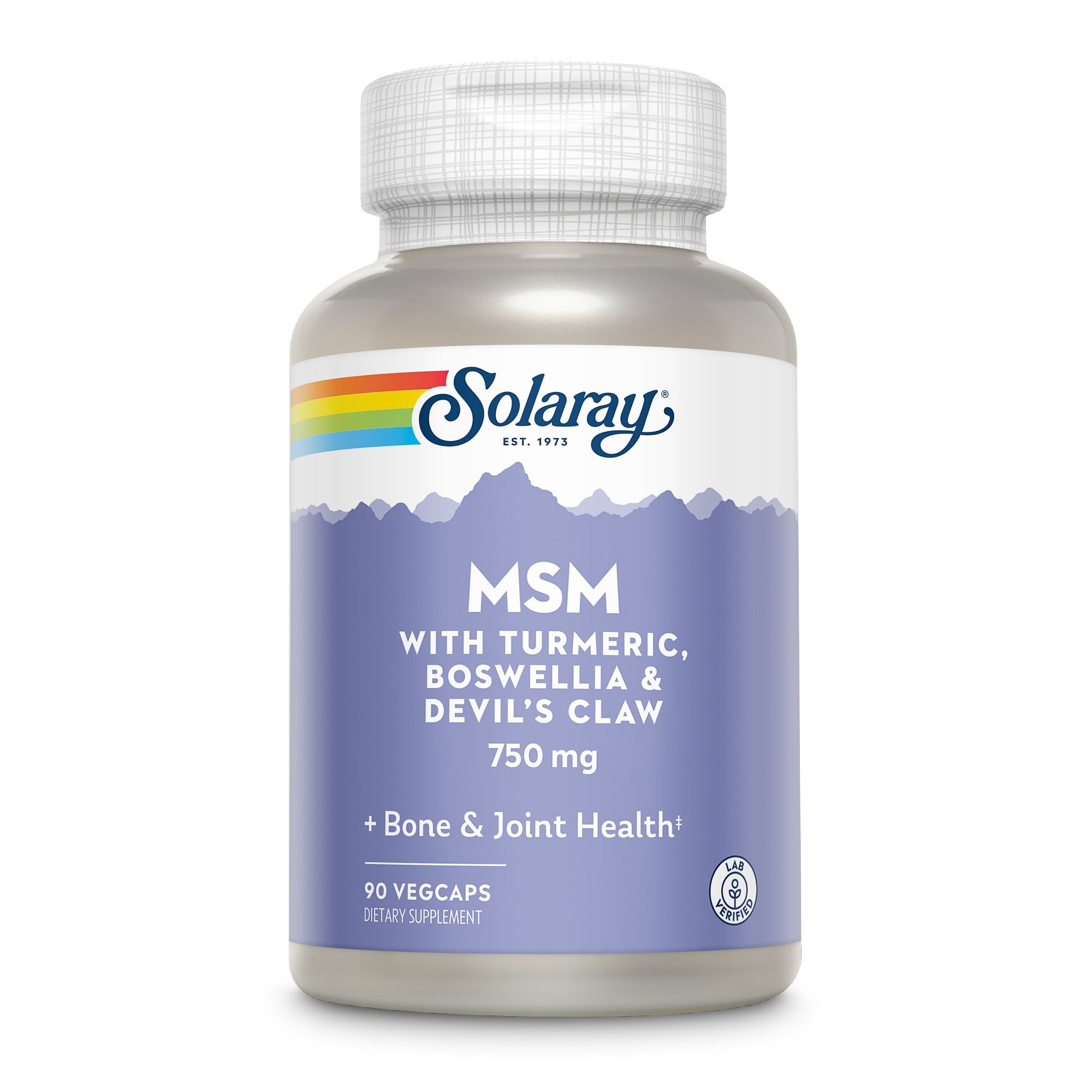 Solaray MSM Flasche. Text: MSM, Curcuma, Boswellia, Teufelskralle. 750 mg. + Bone & Joint Health. 90 Vegicaps.
