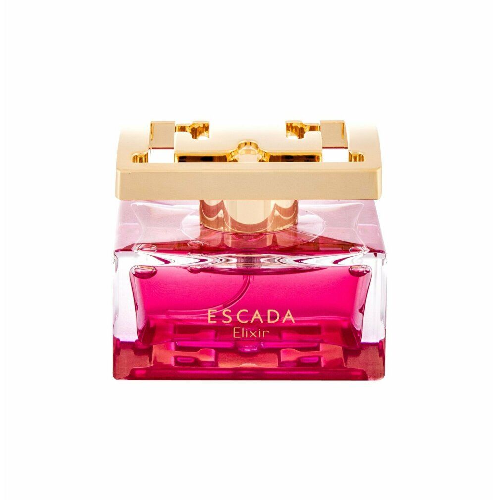 Rechteckiger Flakon mit pinkfarbener Flüssigkeit. Goldfarbener Verschluss. Aufschrift: ESCADA Elixir.