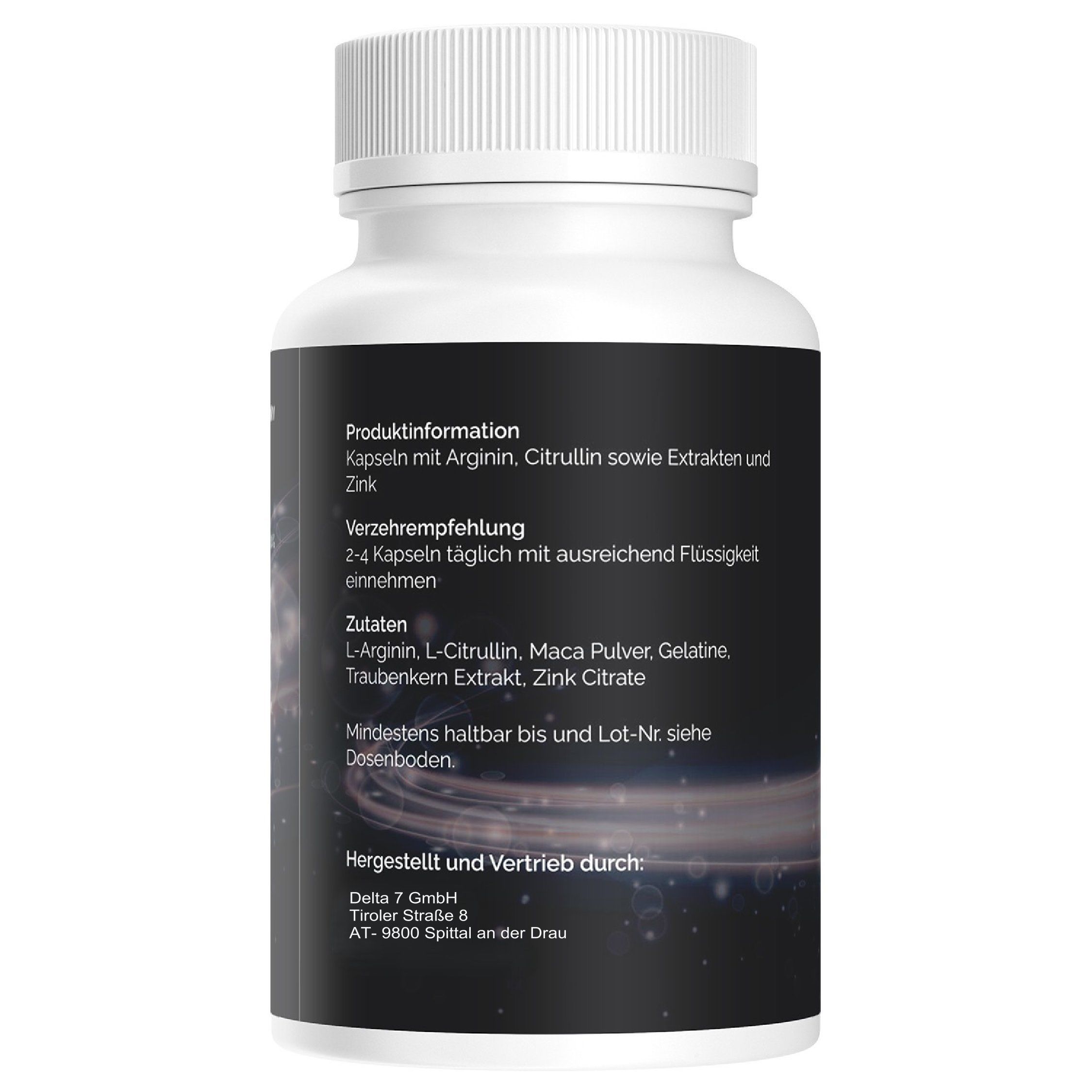 Rückseite der weißen Flasche. Schwarzes Etikett mit Produktinformationen. Zutaten, Verzehrempfehlung, Herstellerinformationen.