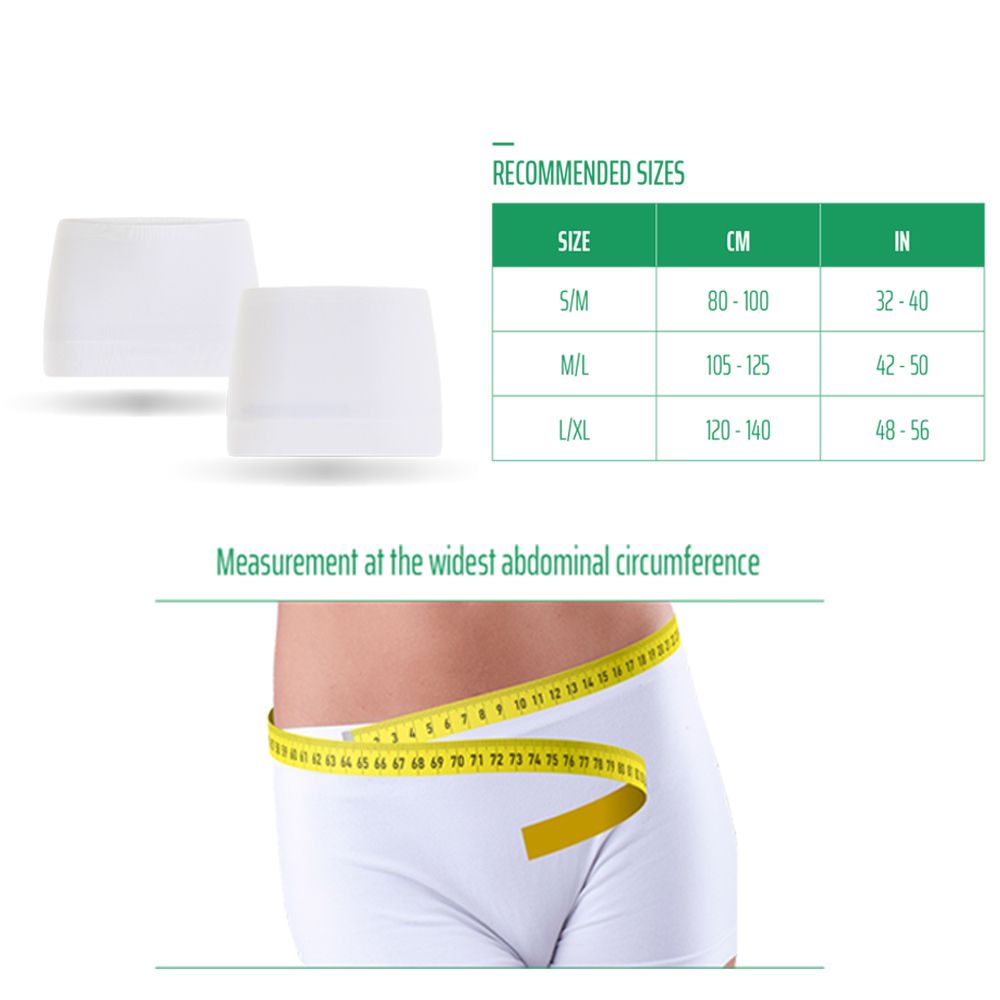 Zwei weiße Bauchbinden. Größentabelle mit CM/IN-Angaben. Maßband um Taille.