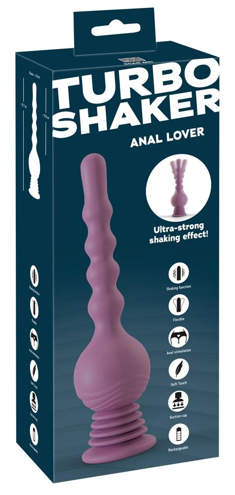 Verpackung mit Produktabbildung. Text: TURBO SHAKER ANAL LOVER. Illustrationen: Shaking function, Flexible, Anal stimulation, Soft Touch, Suction cup, Rechargeable.