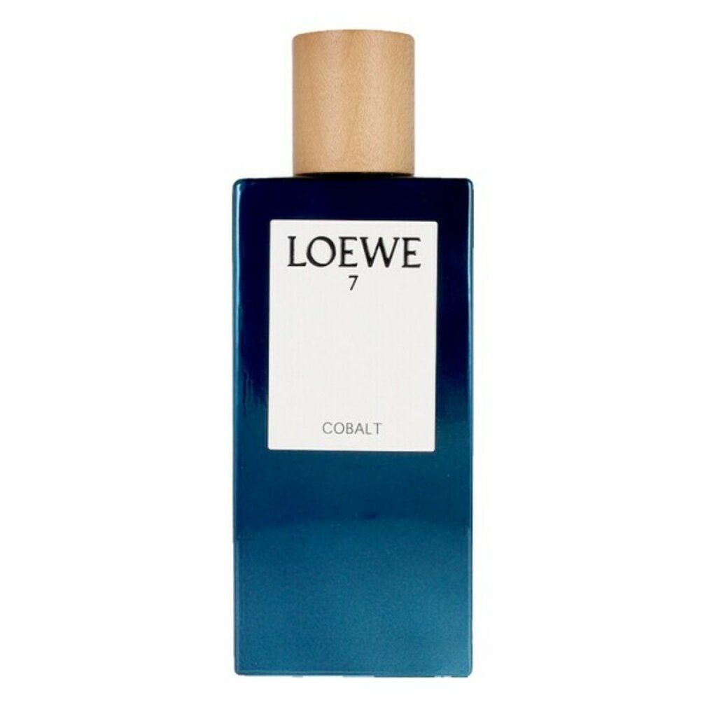 Loewe 7 Cobalt Edp Spray. Blauer Flakon mit Holzdeckel. Text: LOEWE 7, COBALT.