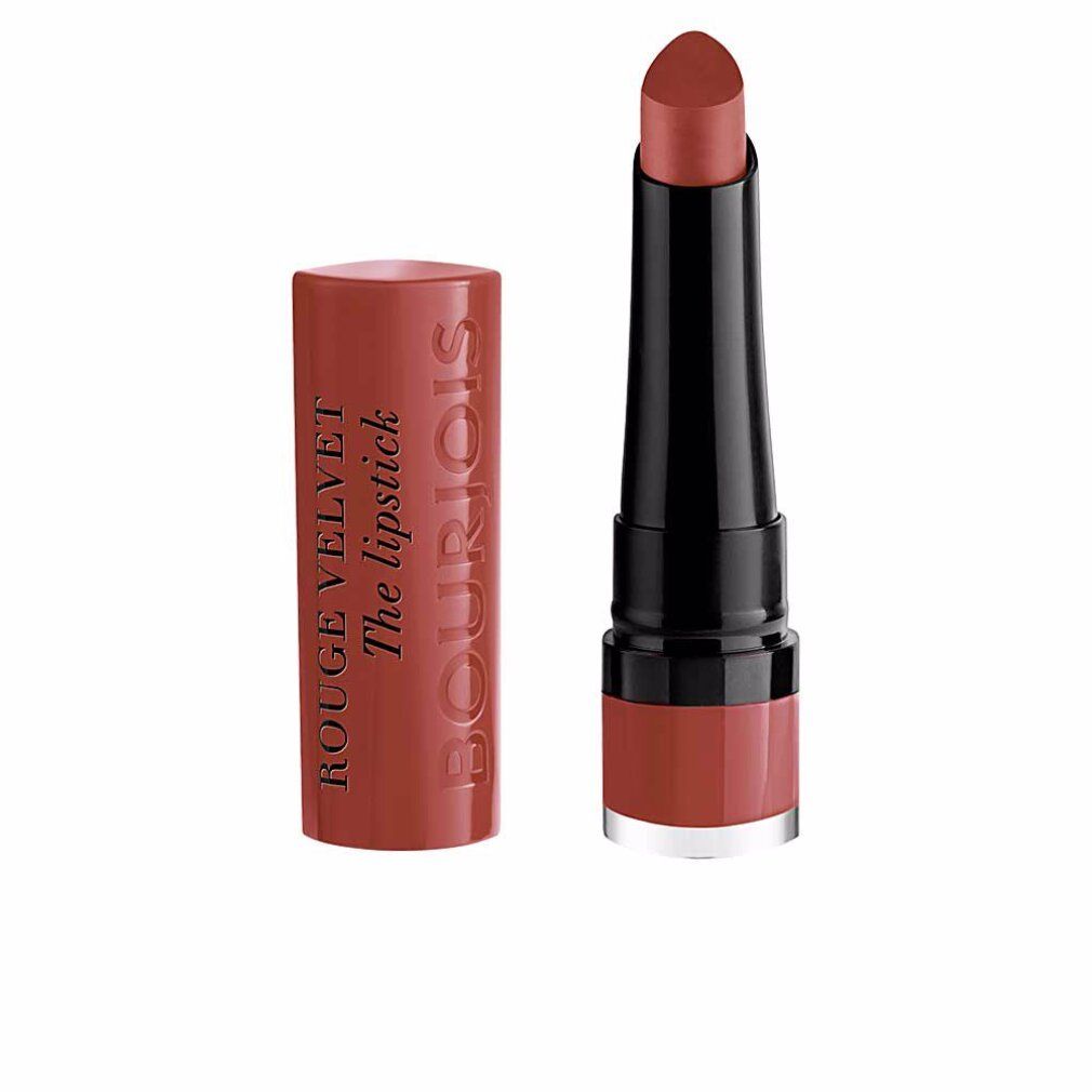 Geöffneter Lippenstift. Braune Hülse mit Schriftzug Bourjois Rouge Velvet. Lippenstift in geöffneter schwarzer Hülse, rotbraun.