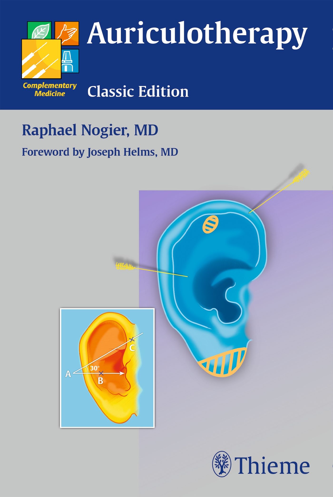 Buchcover mit Titel "Auriculotherapy". Illustration eines Ohrs mit eingezeichneten Punkten und Winkeln. Autor: Raphael Nogier, MD.