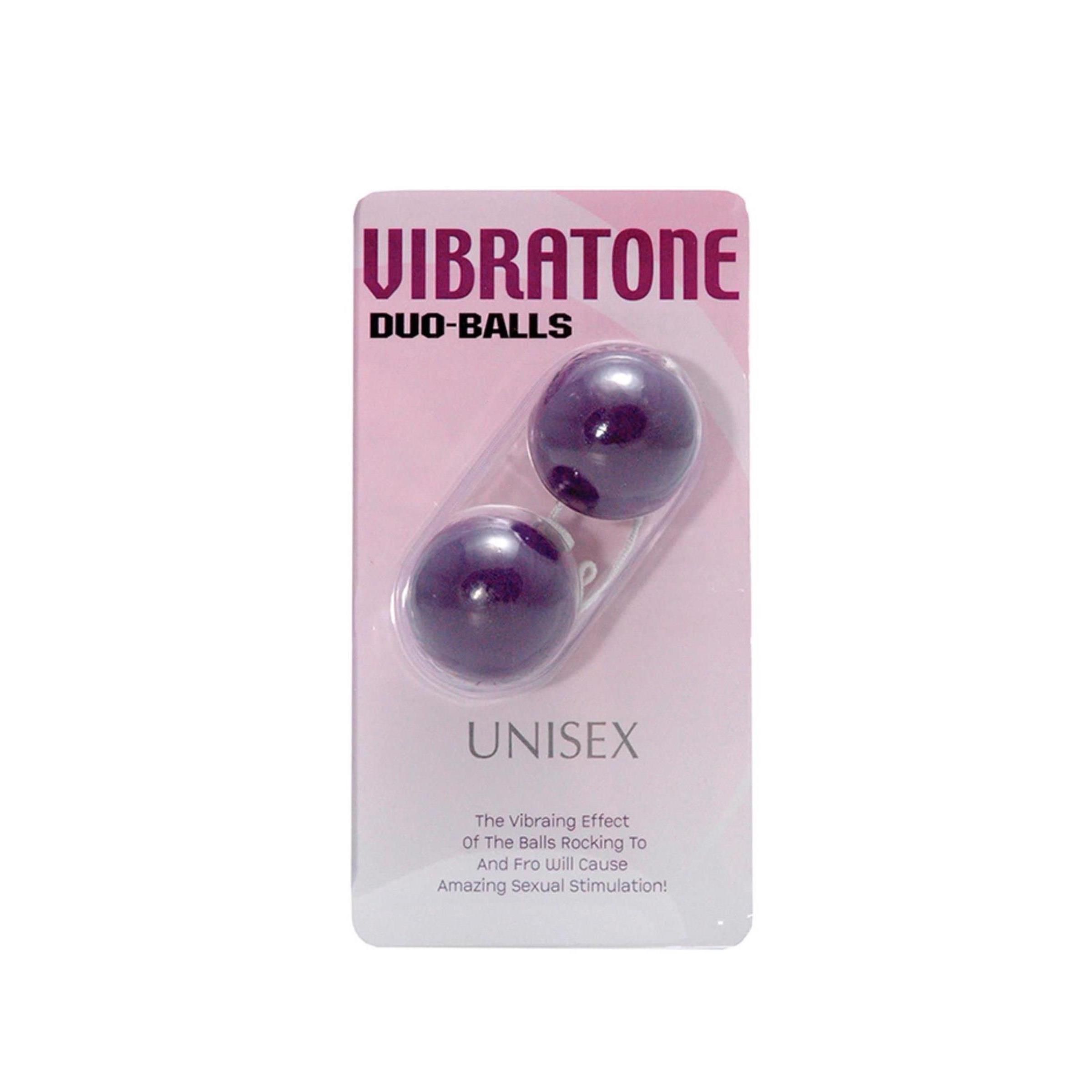 Zwei violette Kugeln in einer Blisterverpackung. Aufschrift: VIBRATONE DUO-BALLS. UNISEX. Text über Stimulation.