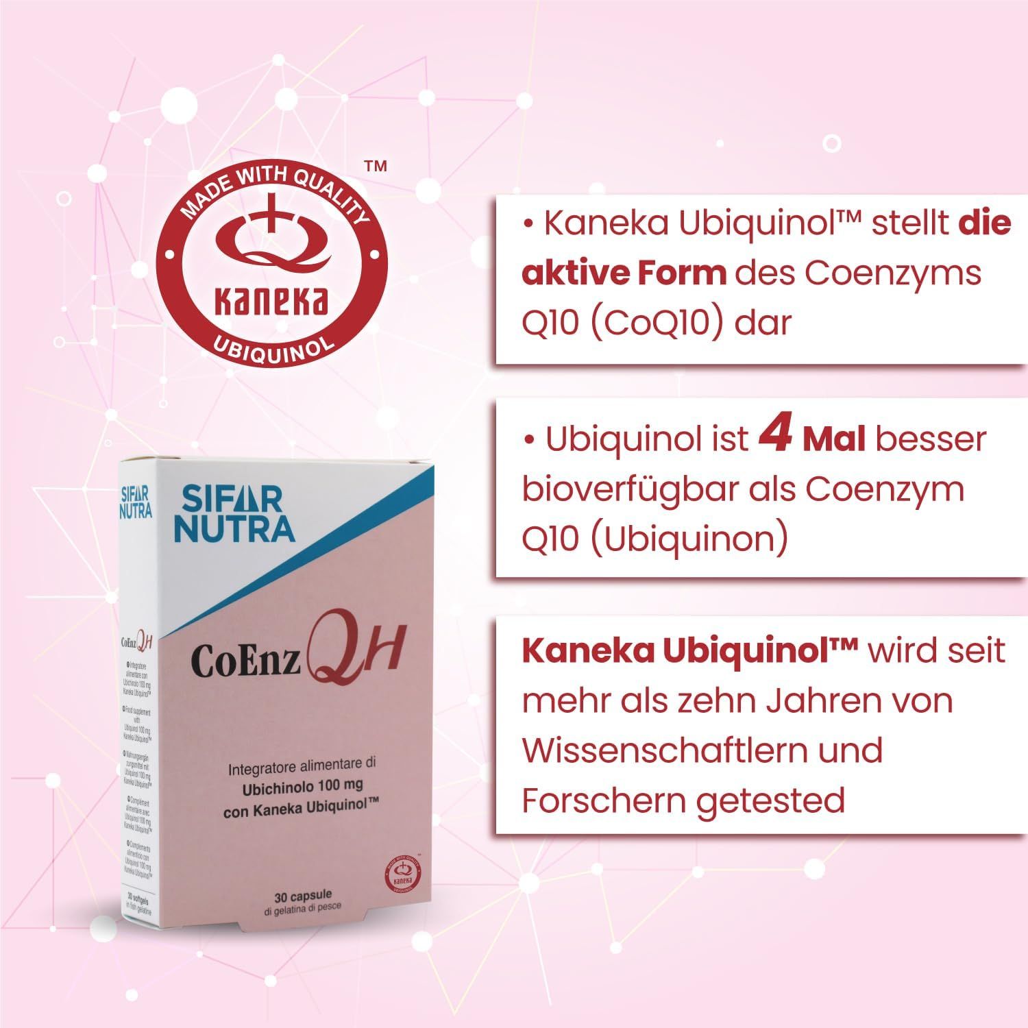 Verpackung von Sifar Nutra CoEnz QH neben Text. Text: Kaneka Ubiquinol stellt die aktive Form des Coenzyms Q10 dar.
