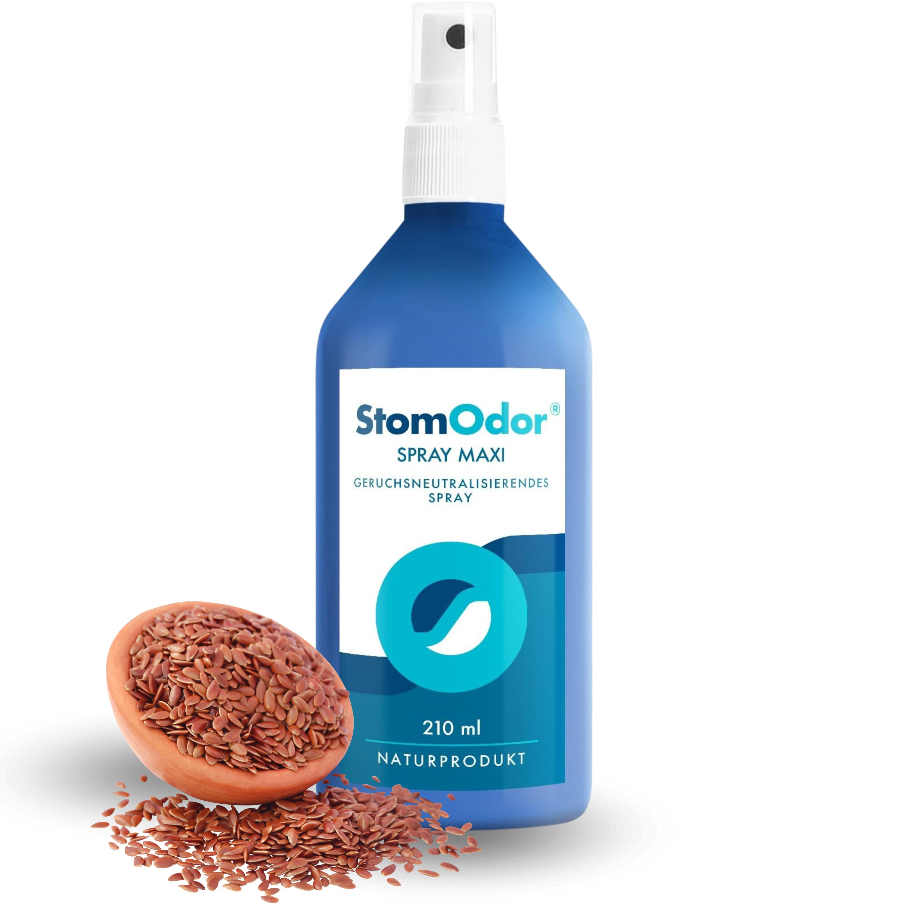 Blaue Flasche mit Sprühkopf. Aufschrift: StomOdor Spray Maxi. 210 ml. Daneben Leinsamen in Schale.