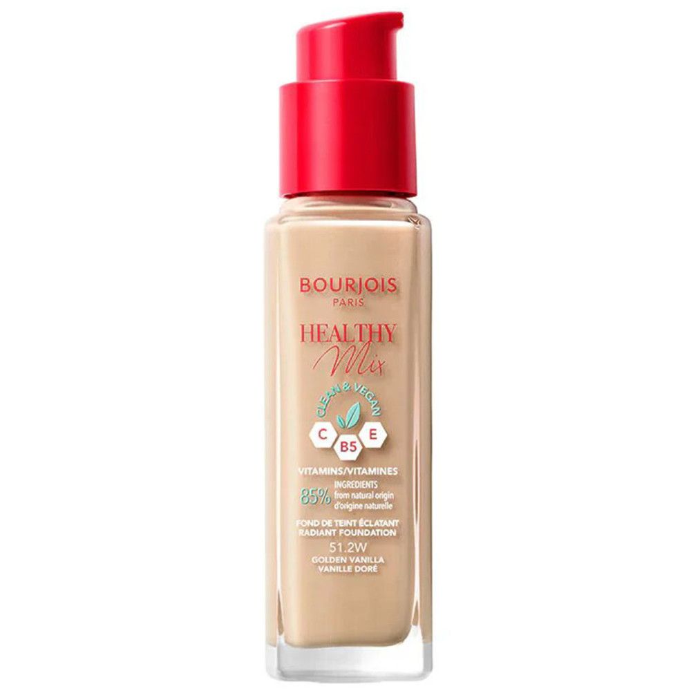 Bourjois Healthy Mix Foundation-Flakon. Beige Flüssigkeit, roter Pumpdeckel. Text: Healthy Mix, 51,2W.