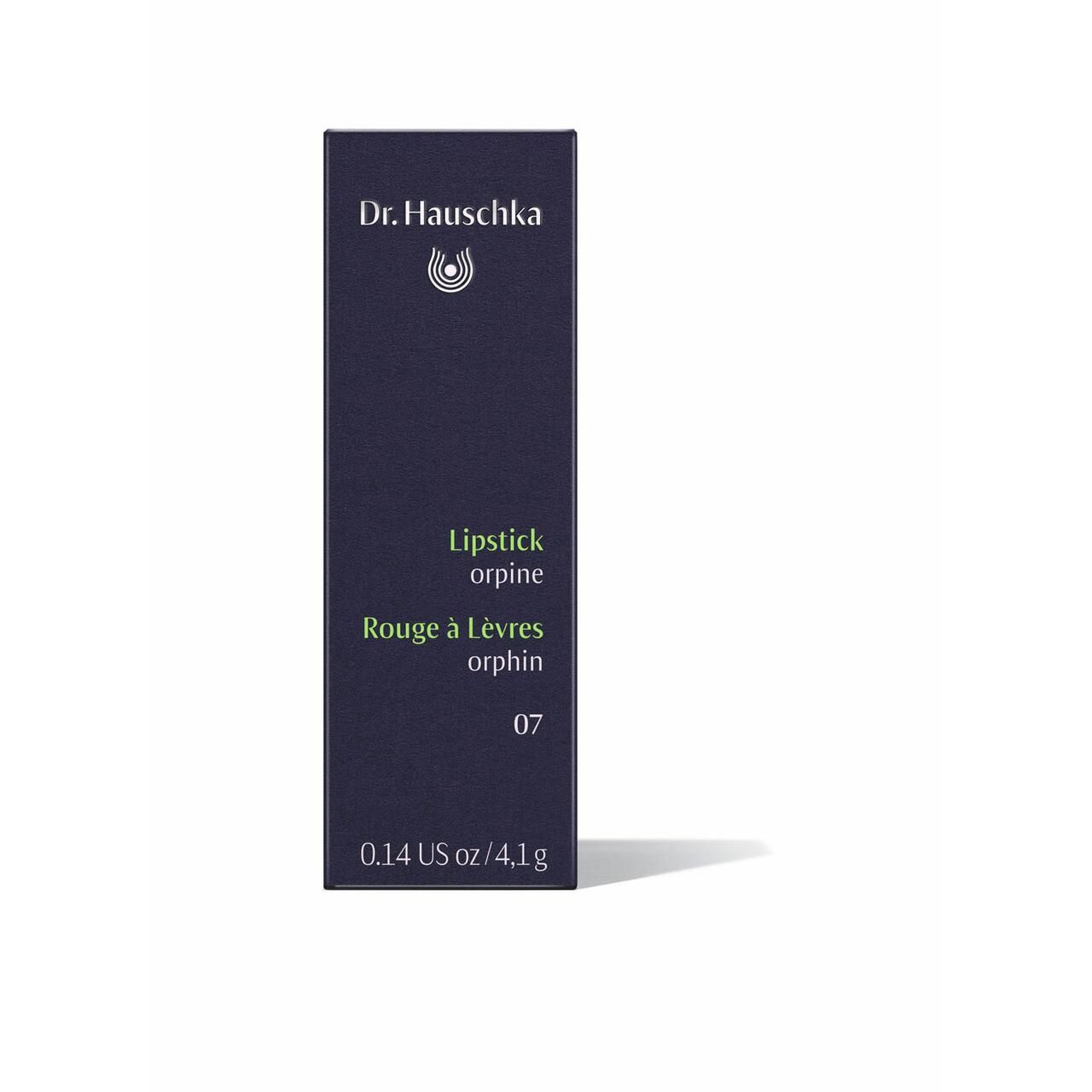 Schachtel mit Produktinformationen. Marke Dr. Hauschka, Lippenstift Orpine, 07. Aufdrucke in Englisch und Französisch.