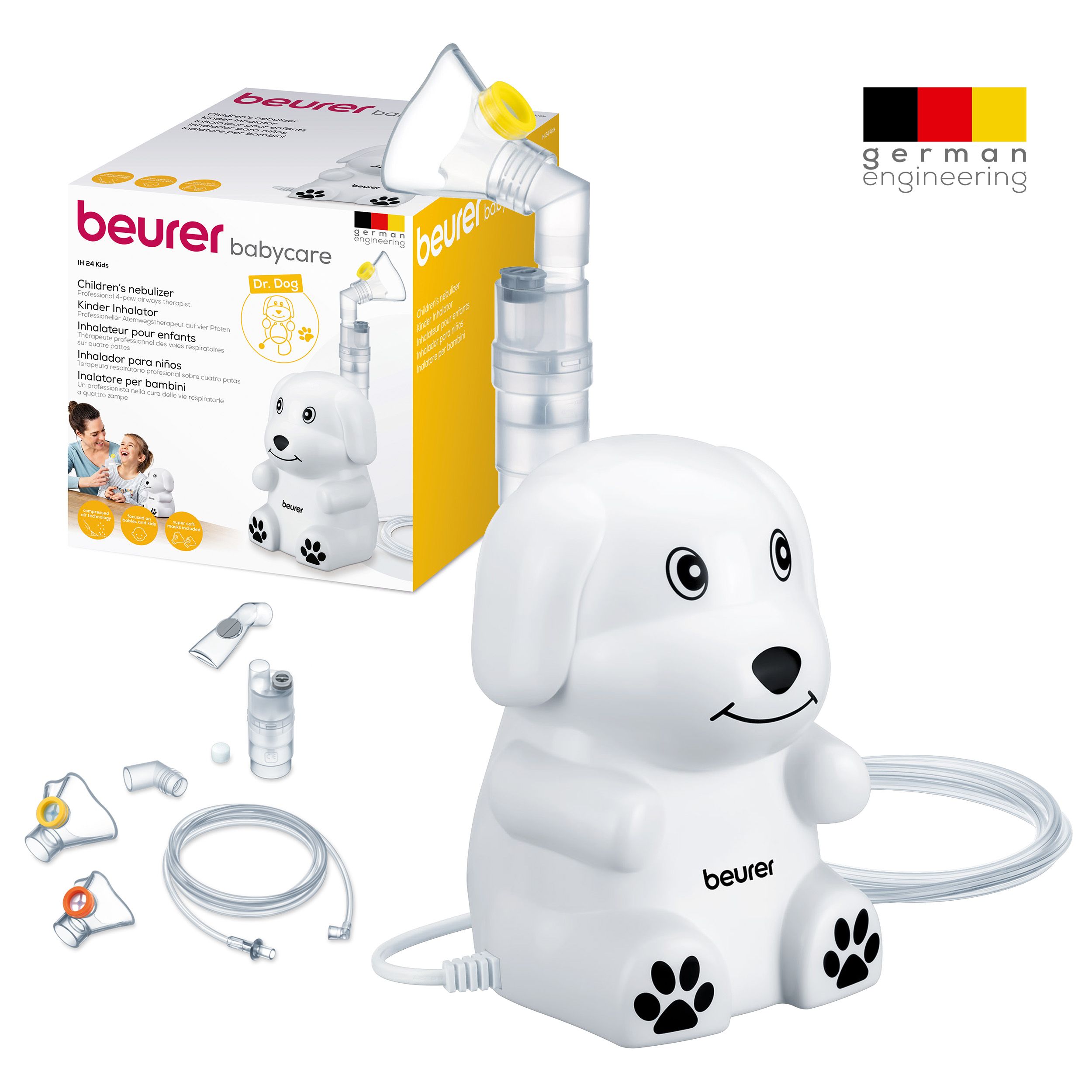 Inhalator-Set mit weißem Hunde-Inhalator, Zubehör und Verpackung. Text: Beurer babycare. German Engineering. Kinder Inhalator.