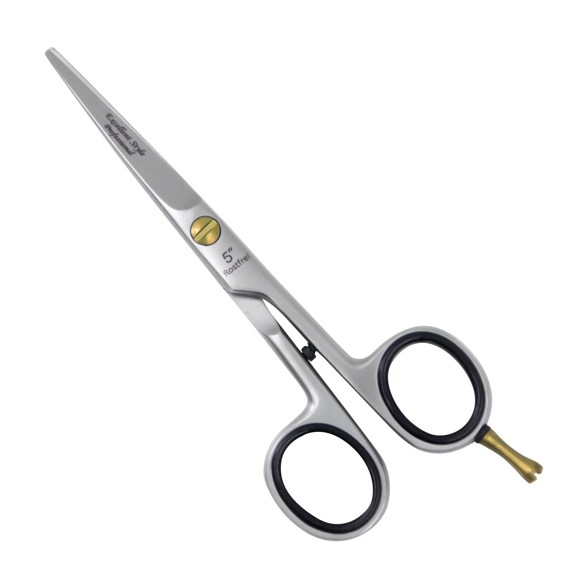 Friseurschere mit schwarzem Griff, goldfarbener Schraube und Beschriftung '5" Rostfrei'. Das Produkt ist leicht schräg abgebildet.