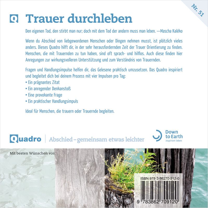 Rückseite des Buches "Trauer durchleben". Text, Logo "Quadro", Barcode. Holzpfahl-Motiv, wie auf dem Cover.