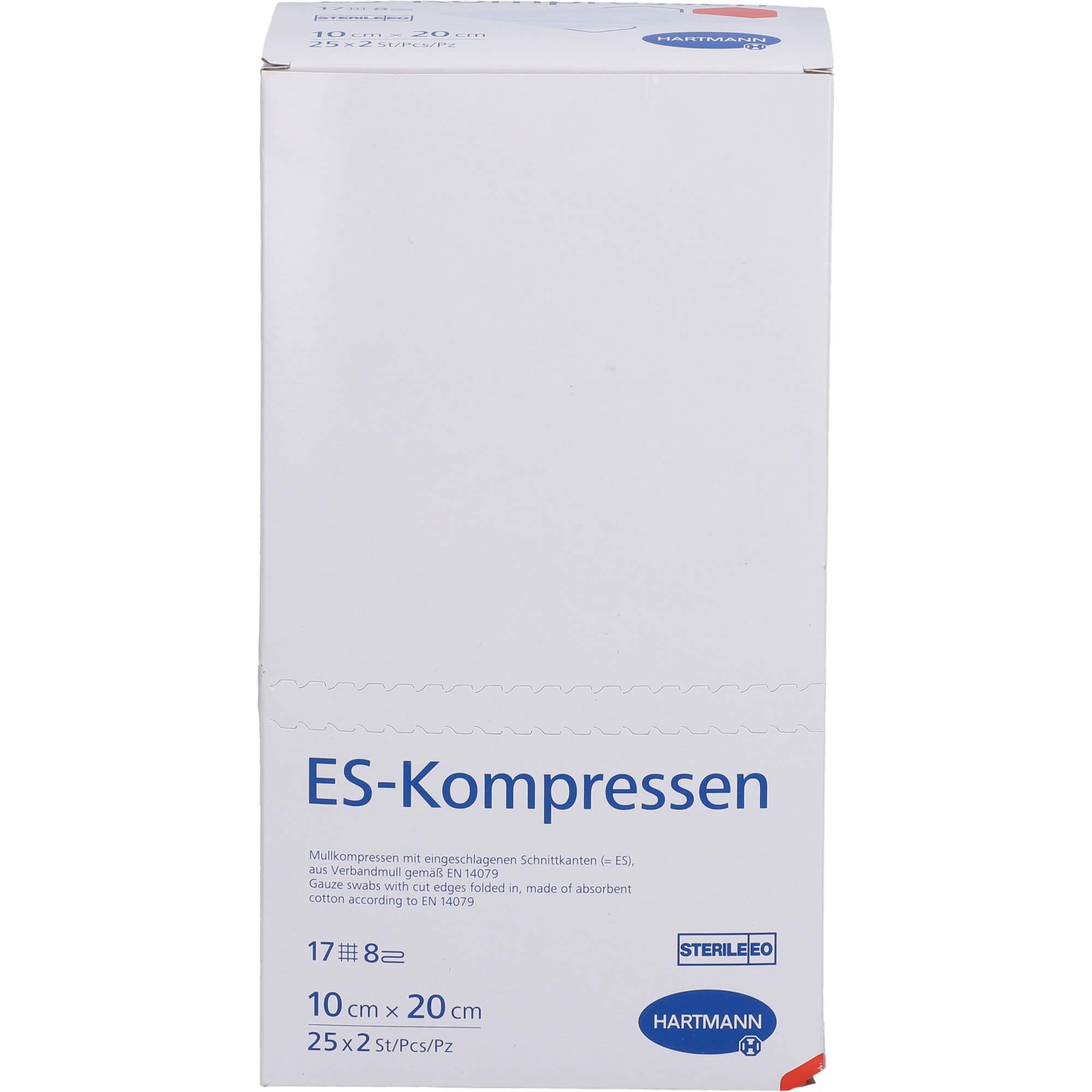Verpackung ES-Kompressen steril, 10x20cm, 50 Stück.