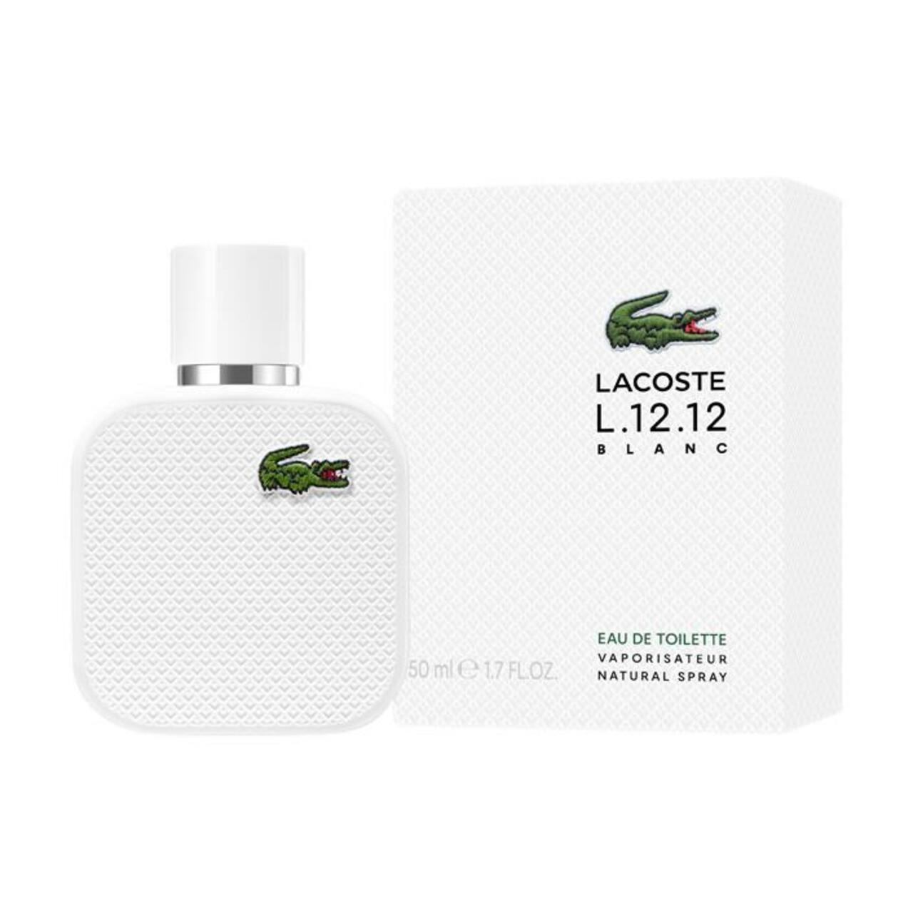 Weißer Flakon und Verpackung. Flakon quadratisch, weiß, mit Krokodil-Logo. Verpackung mit Logo und Produktbezeichnung.