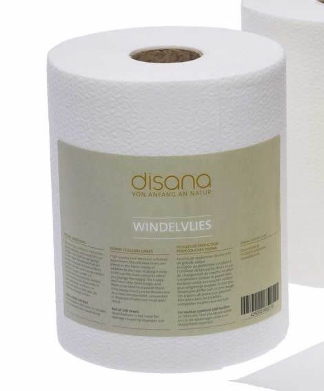 Rolle Windelvlies, weiß. Aufdruck mit Produktinformationen und Markenlogo Disana.